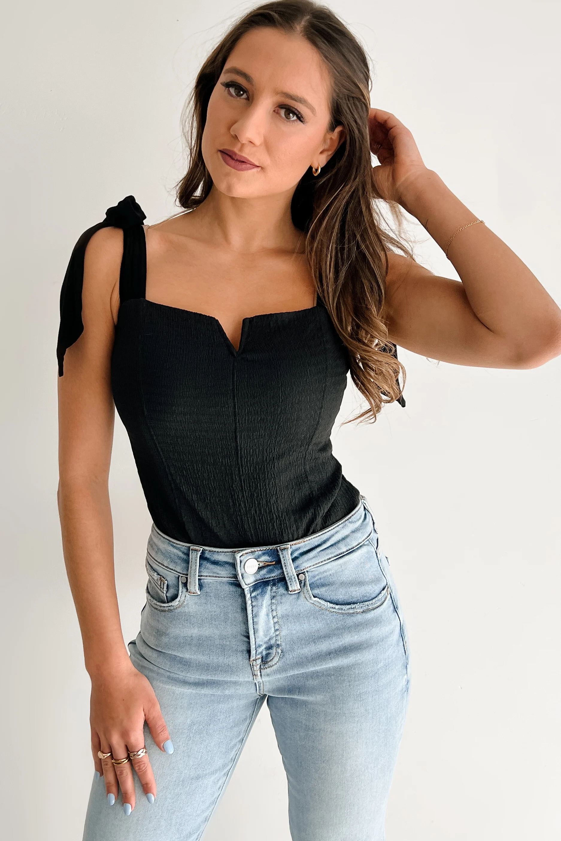 A Stitch In Time V-Notch Tie Strap Bodysuit (Black) - Image 14