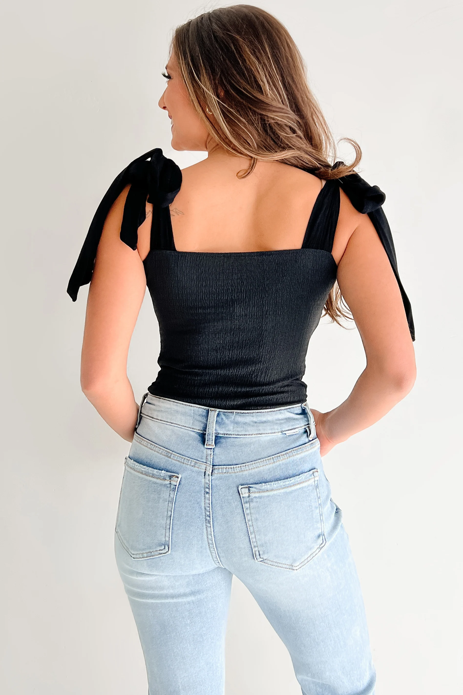 A Stitch In Time V-Notch Tie Strap Bodysuit (Black) - Image 3