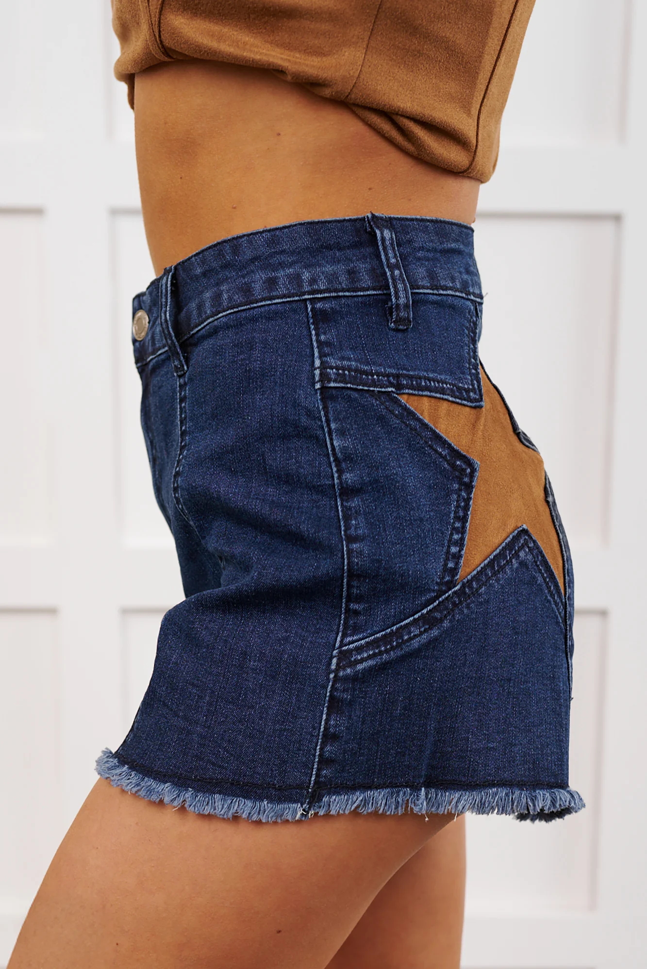 Act Confident Star Detailed Denim Shorts (Dark Denim/Tan) - Image 9