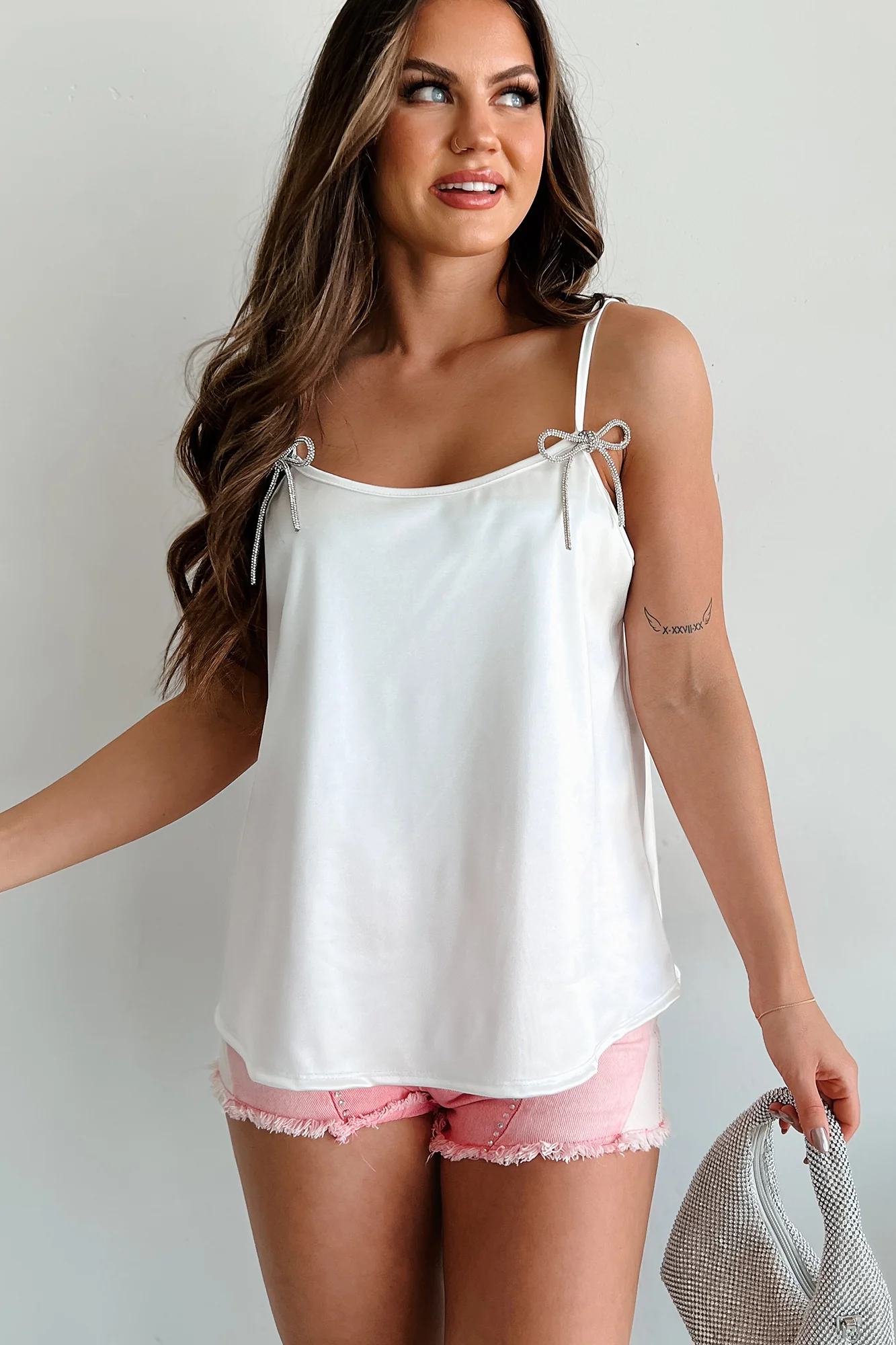 Add A Little Bling Satin Rhinestone Bow Tank Top (Ivory) - Image 5