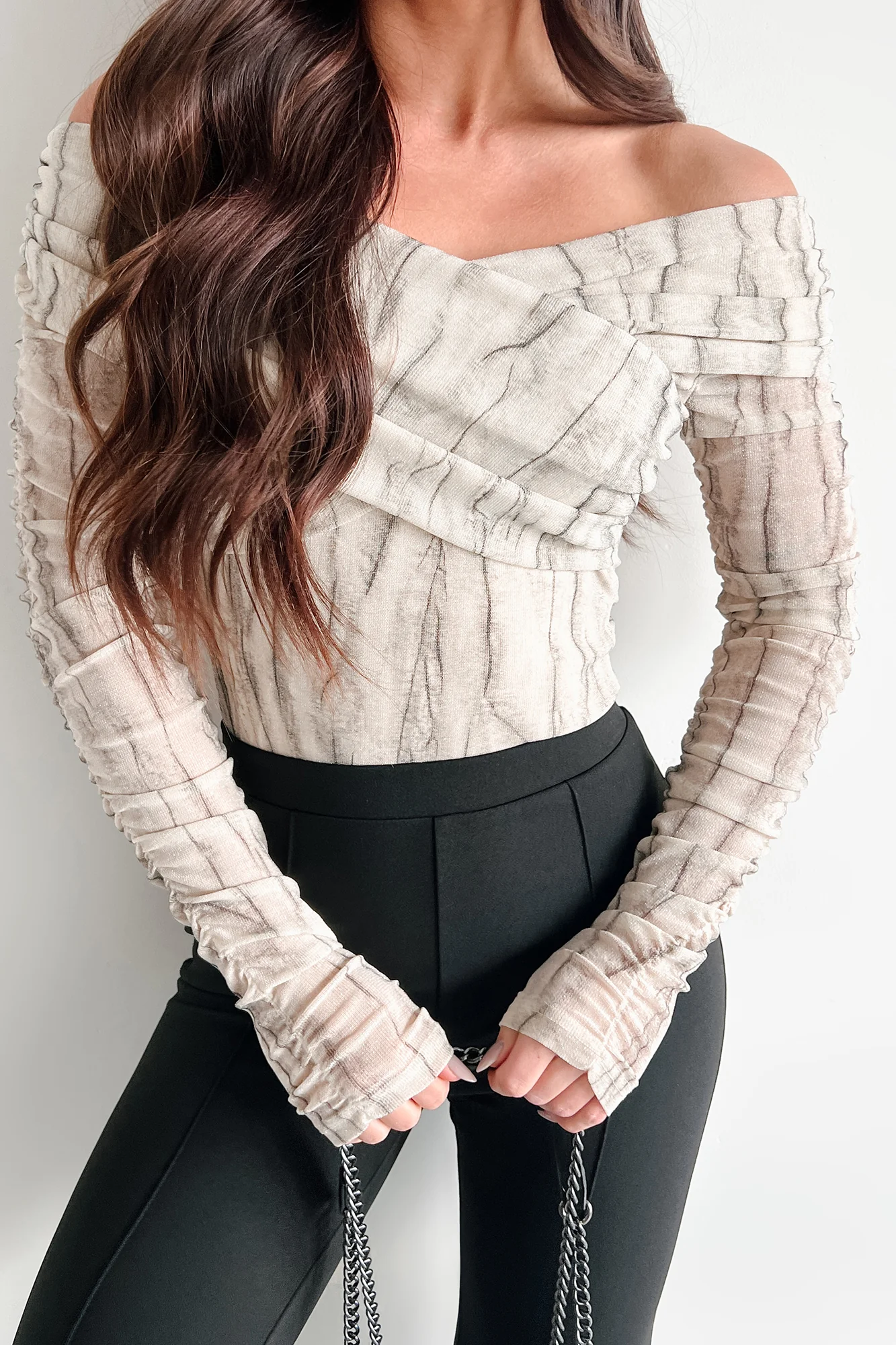 Adelina Off The Shoulder Marble Print Bodysuit (Light Taupe) - Image 3