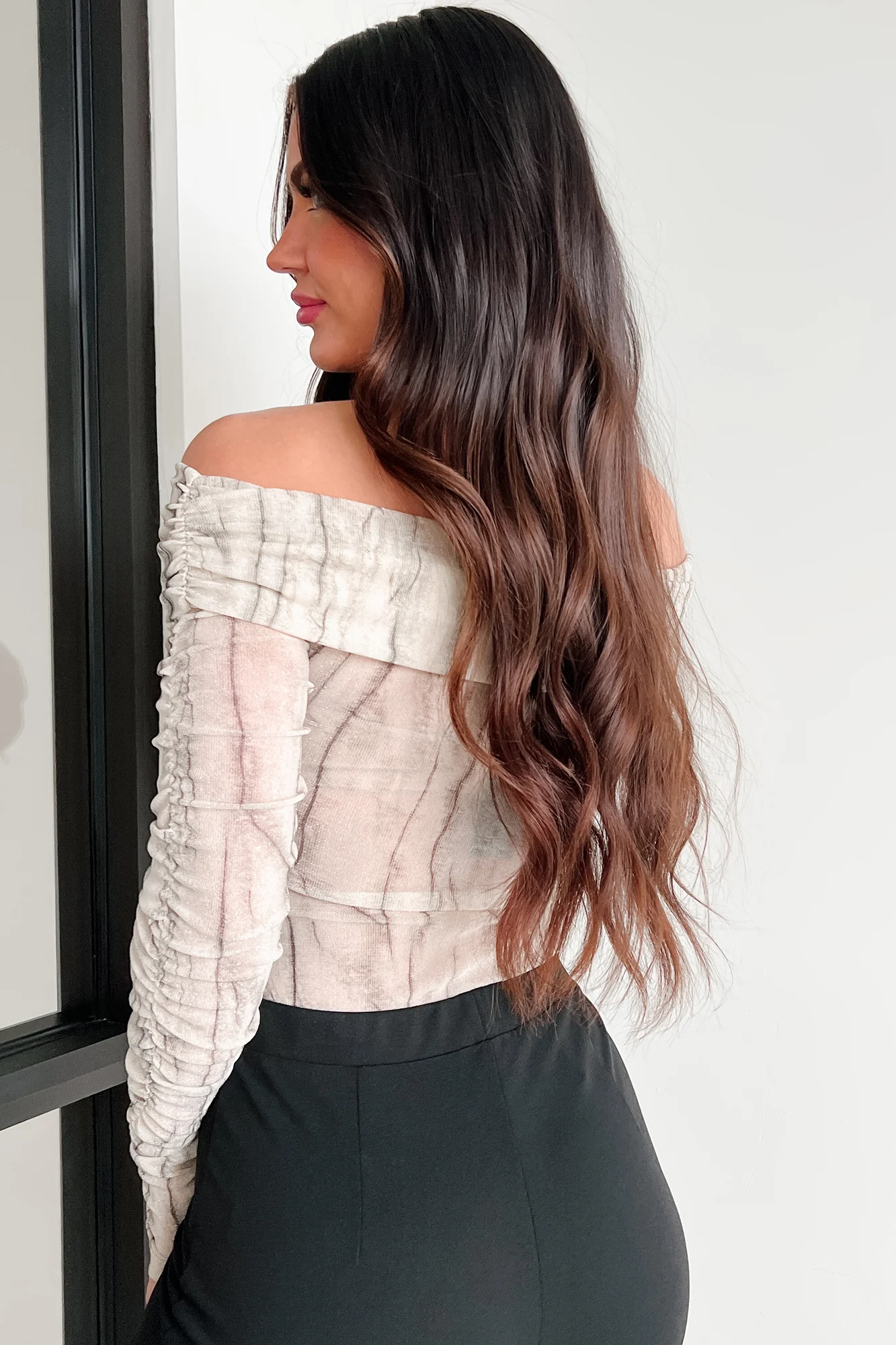 Adelina Off The Shoulder Marble Print Bodysuit (Light Taupe) - Image 4