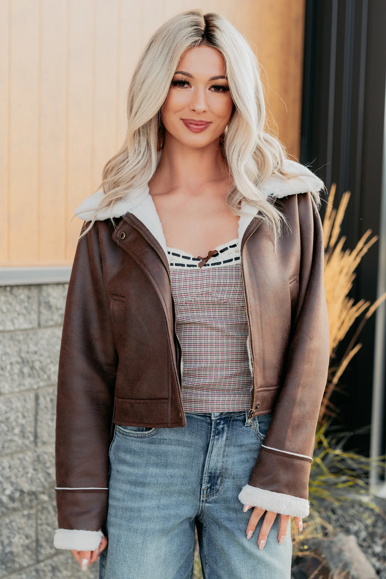 After Dark Faux Suede Fur Lined Jacket (Brown) - Image 13