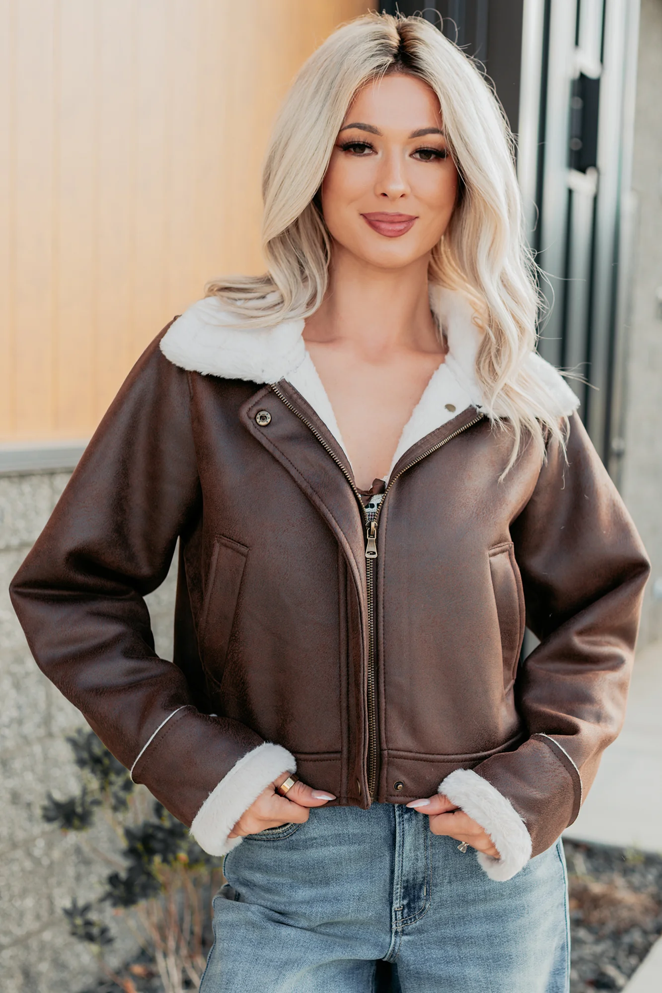 After Dark Faux Suede Fur Lined Jacket (Brown) - Image 15