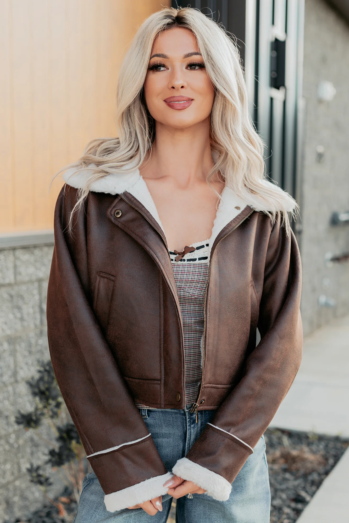 After Dark Faux Suede Fur Lined Jacket (Brown) - Image 3