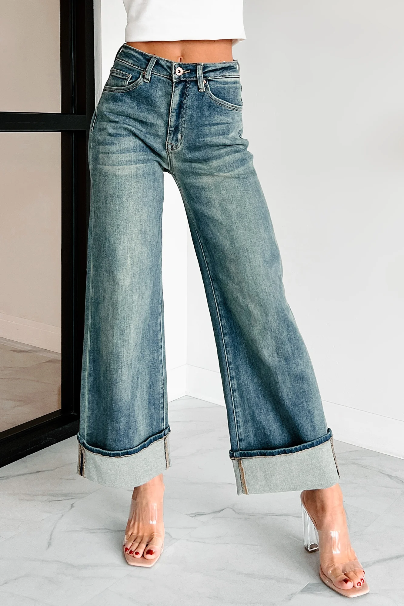 Aiden Special A High Rise Dirty Wash Wide Leg Jeans (Dark) - Image 3