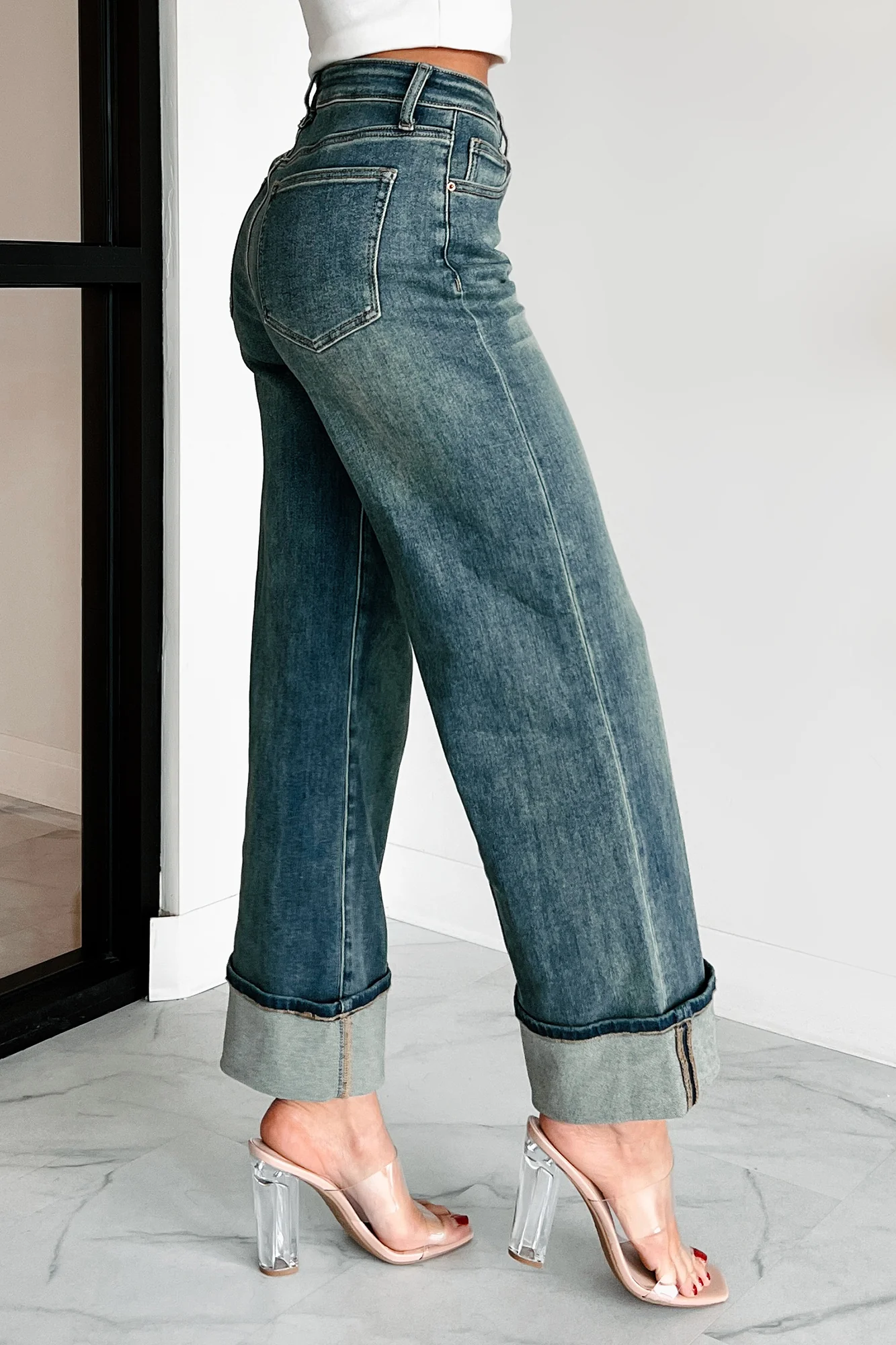 Aiden Special A High Rise Dirty Wash Wide Leg Jeans (Dark) - Image 5