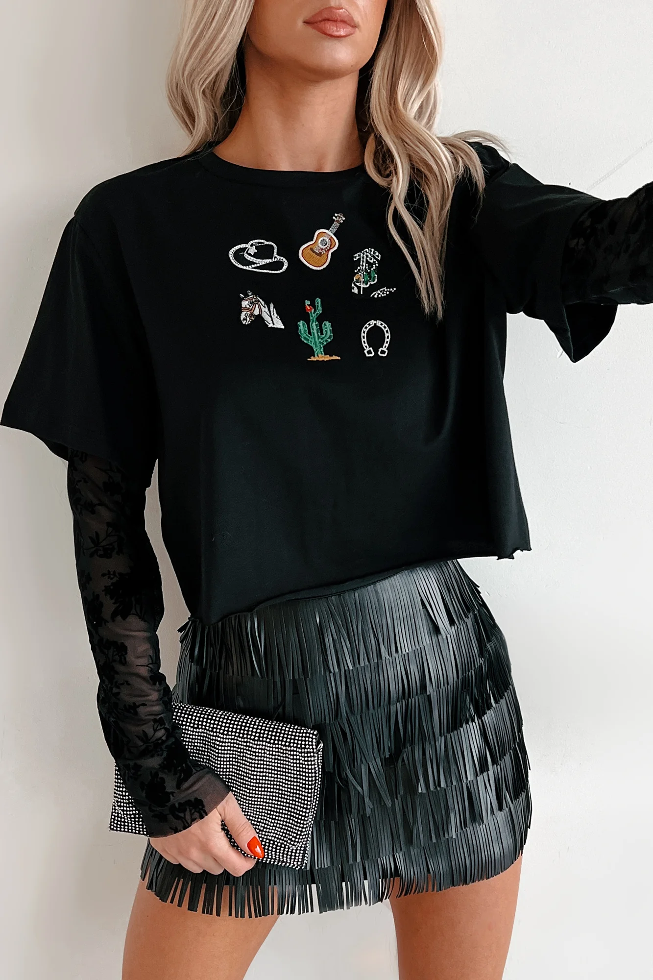 Ain't She Something Velvet Sleeve Western Tee (Black) - Image 3
