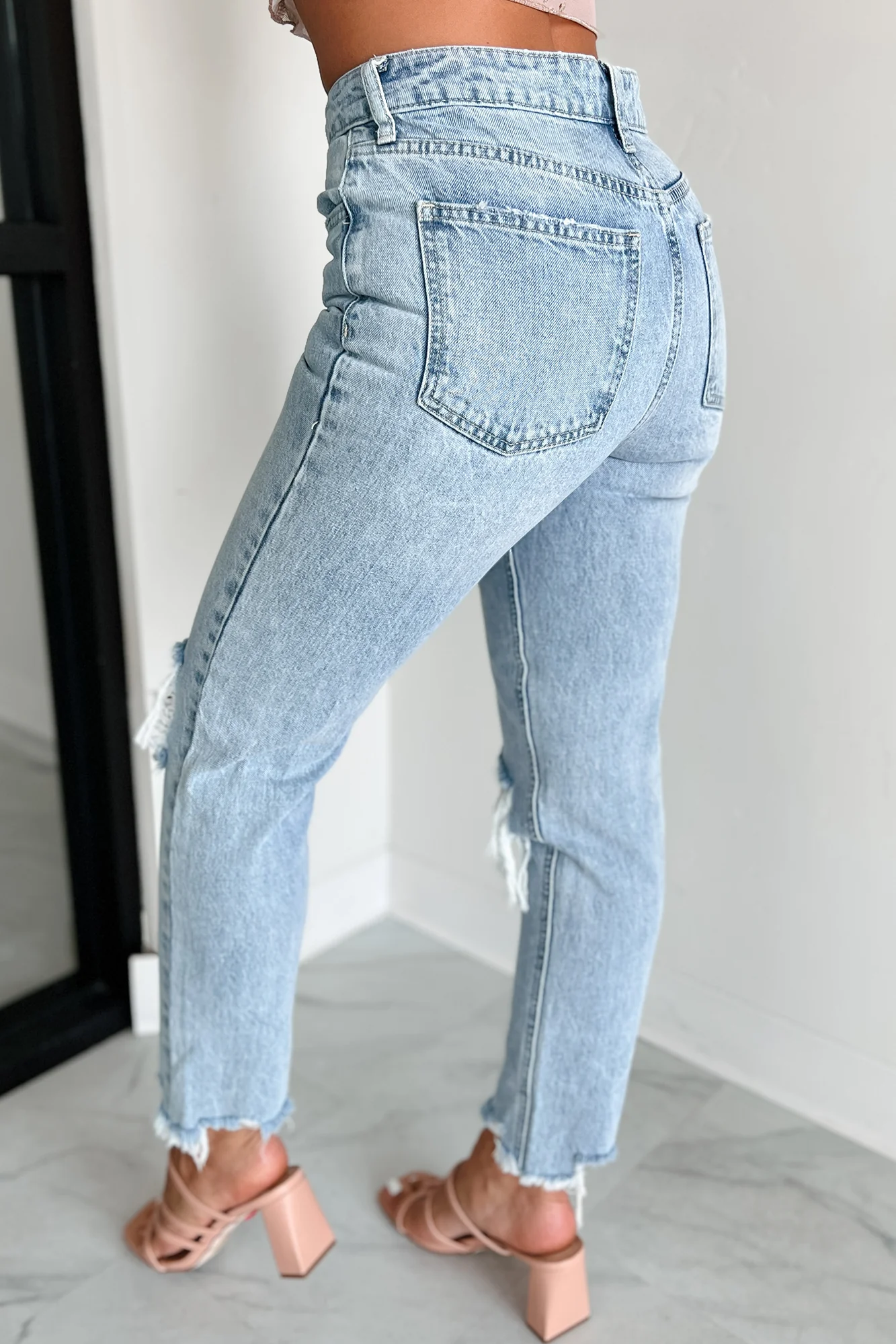 Alaina High Rise Distressed Boyfriend Jeans (Light Denim) - Image 3