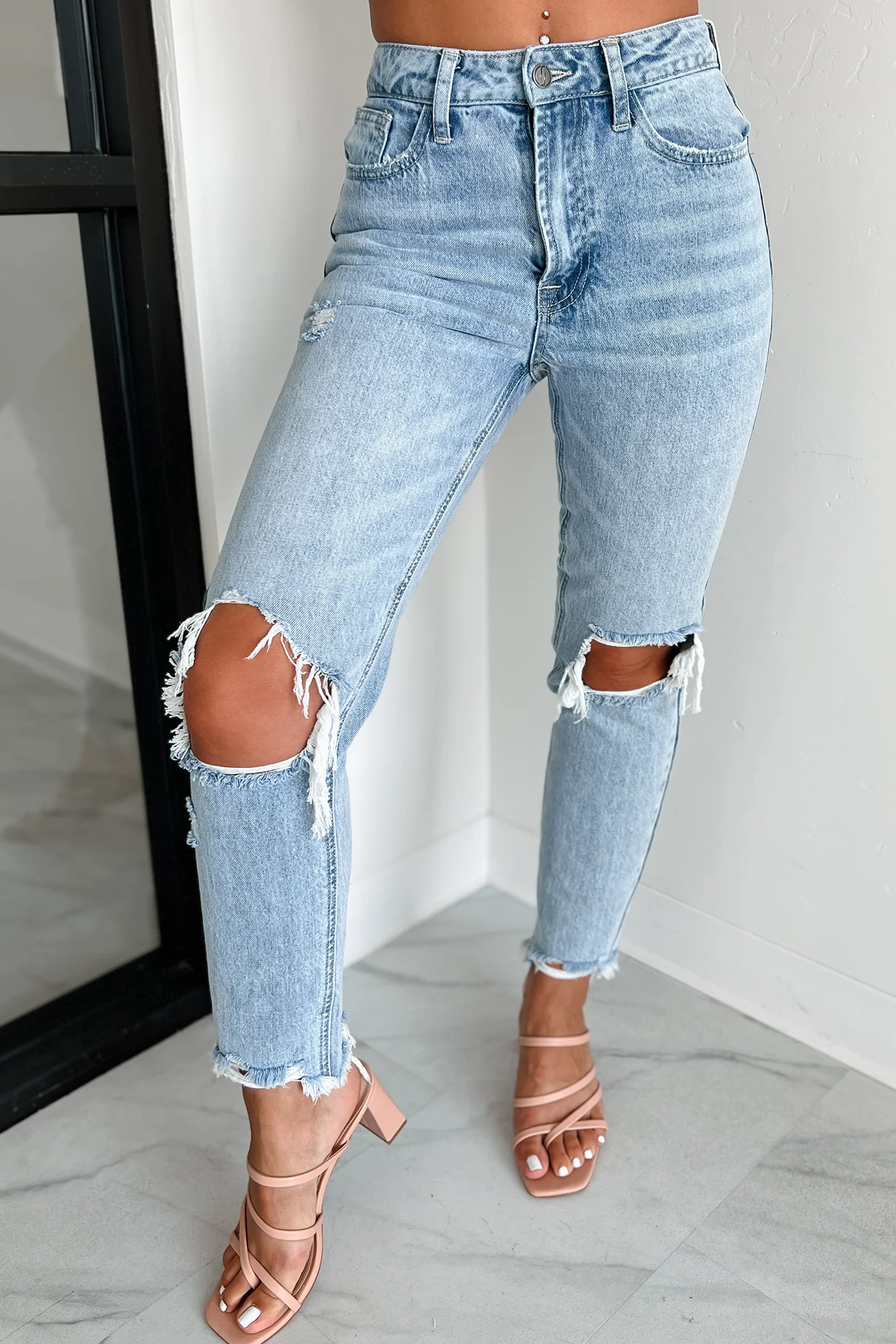 Alaina High Rise Distressed Boyfriend Jeans (Light Denim) - Image 4