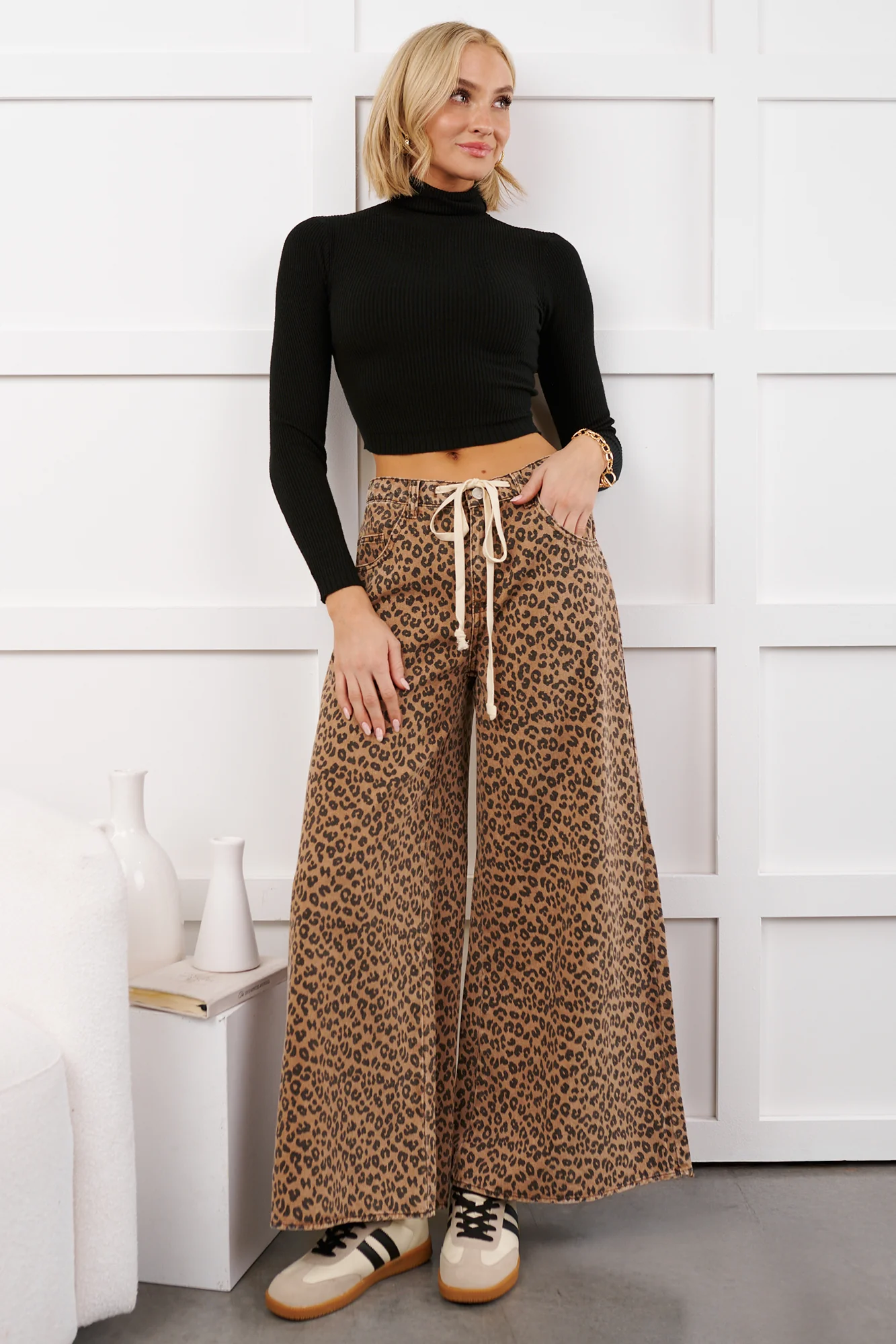 Alivia Drawstring Leopard NoaBoa Pants (Mocha/Black) - Image 3