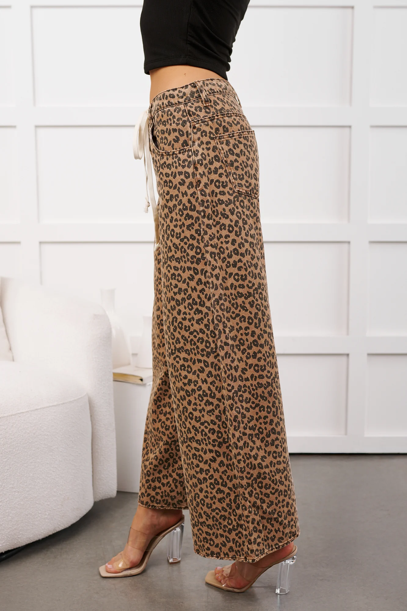 Alivia Drawstring Leopard NoaBoa Pants (Mocha/Black) - Image 4