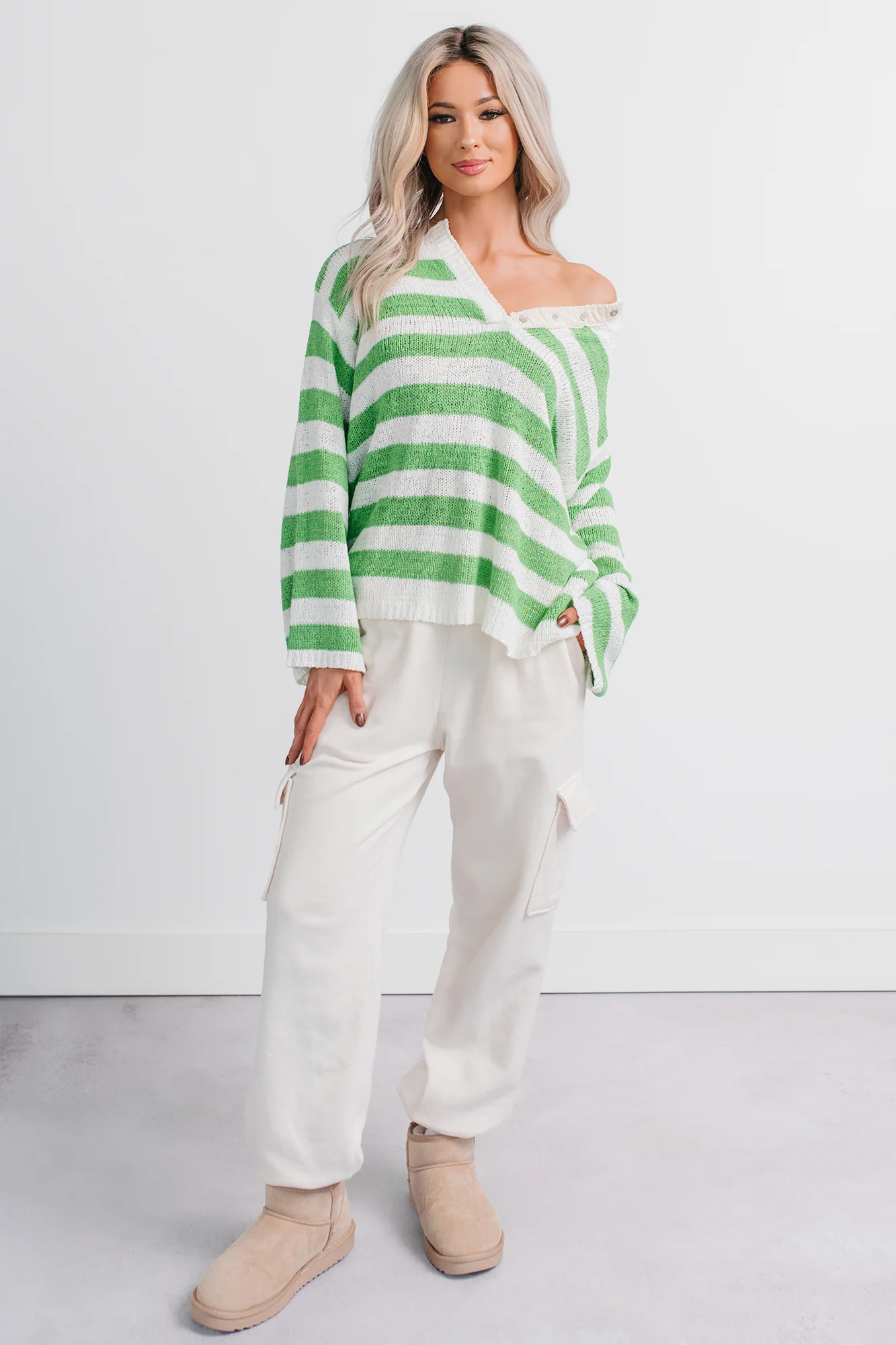 All Dressed Down Striped Knit POL Sweater (Green/Multi) - Image 2