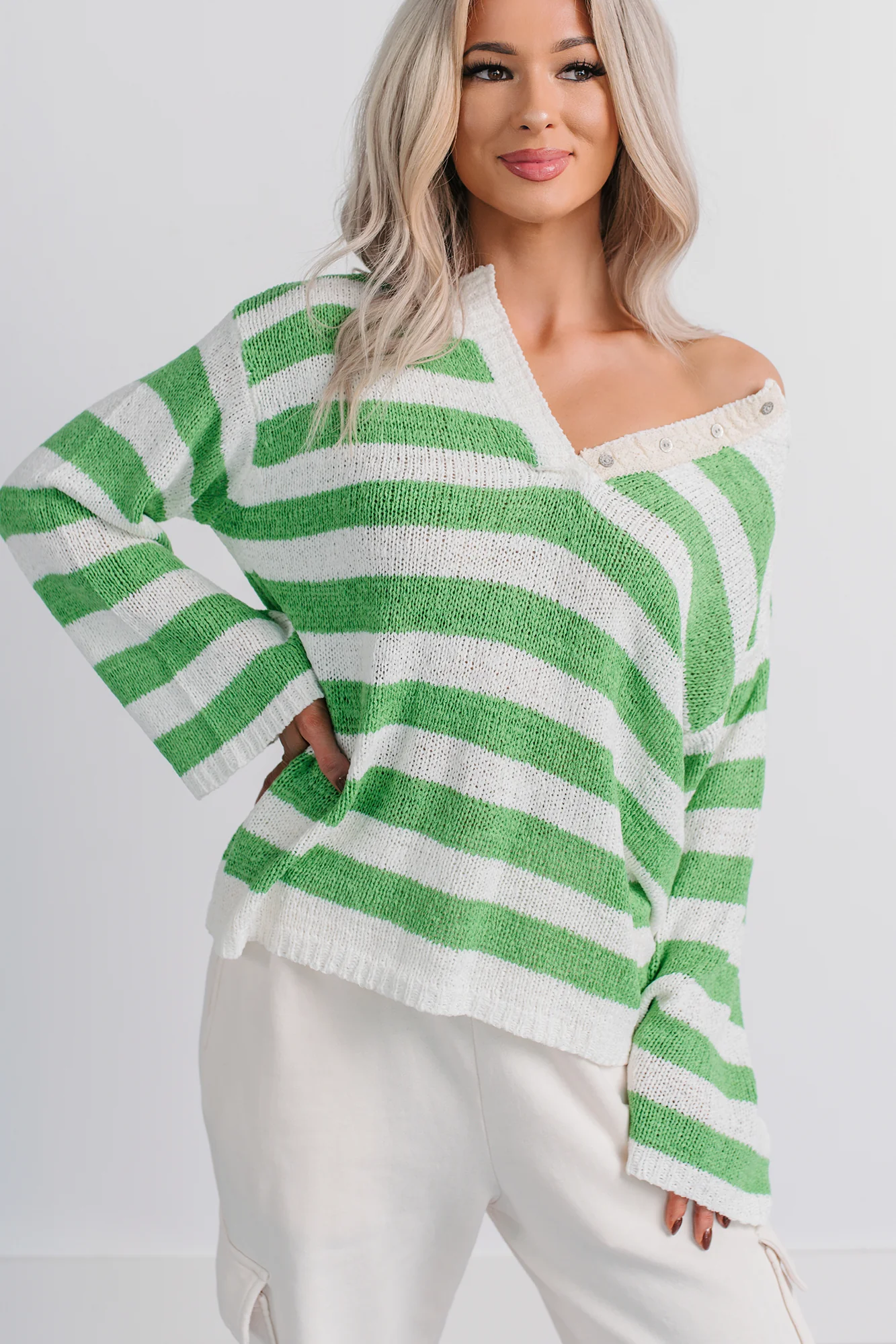 All Dressed Down Striped Knit POL Sweater (Green/Multi) - Image 3