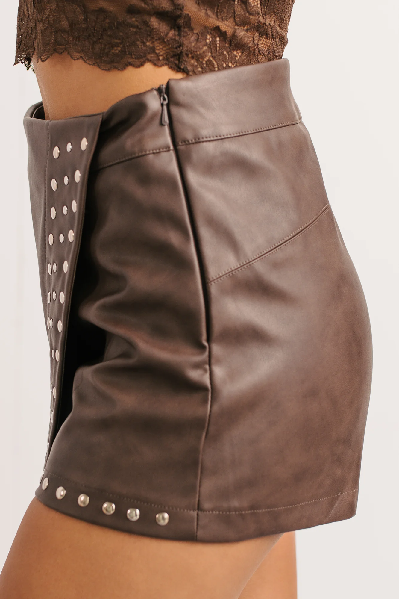 All For Me Faux Leather Studded Mini Skort (Brown) - Image 11