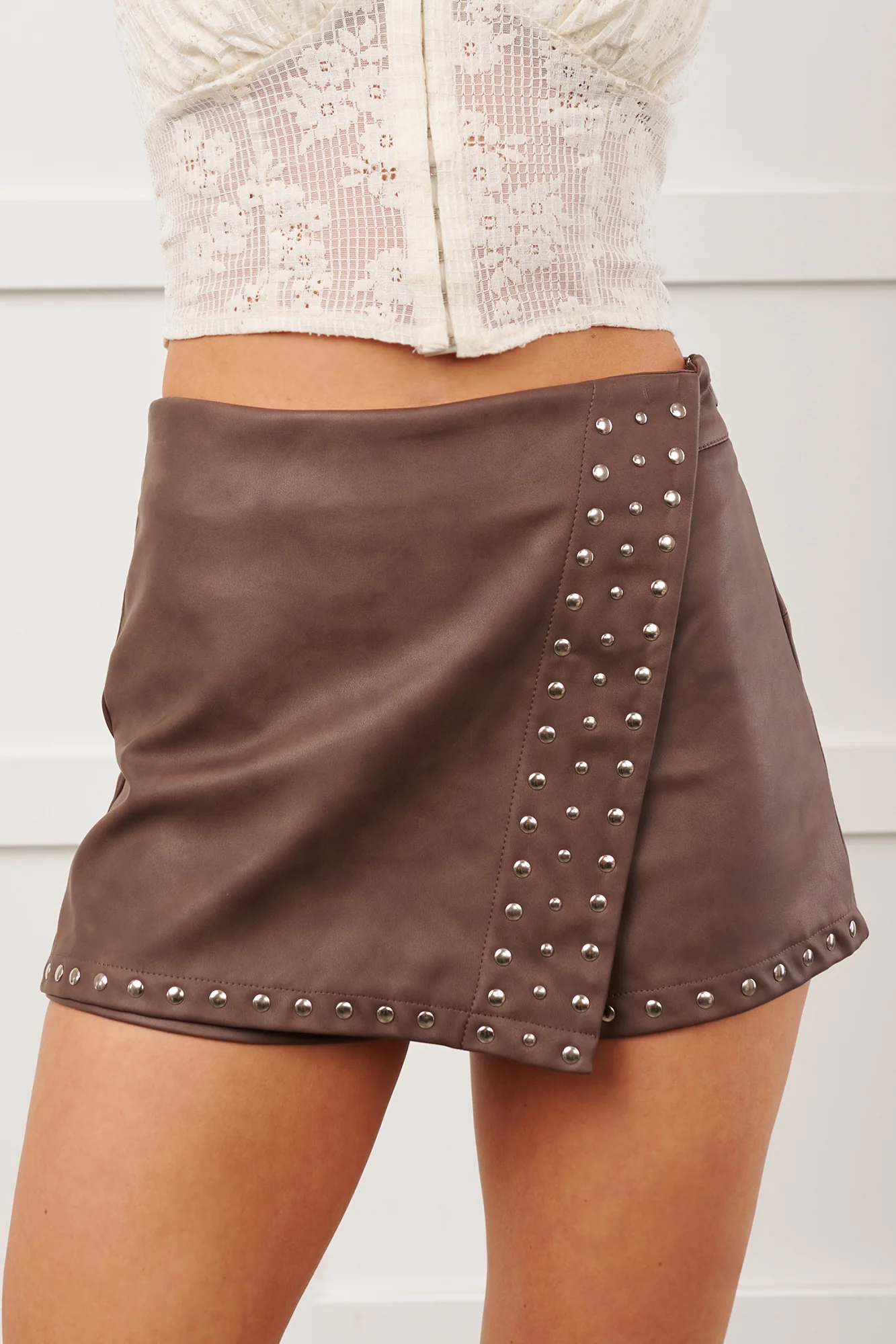 All For Me Faux Leather Studded Mini Skort (Brown) - Image 7