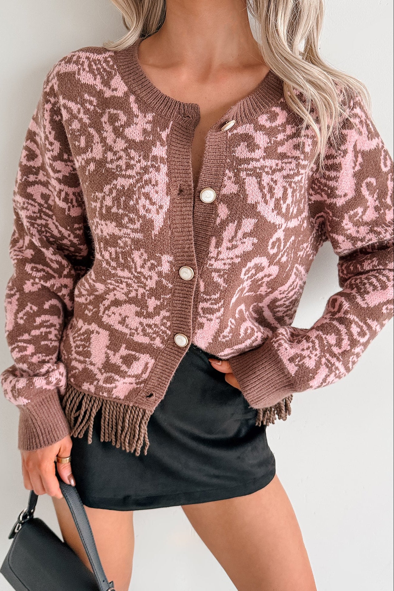 All I Really Want Floral Print Fringe Hem Cardigan (Mocha/Pink) - Image 3