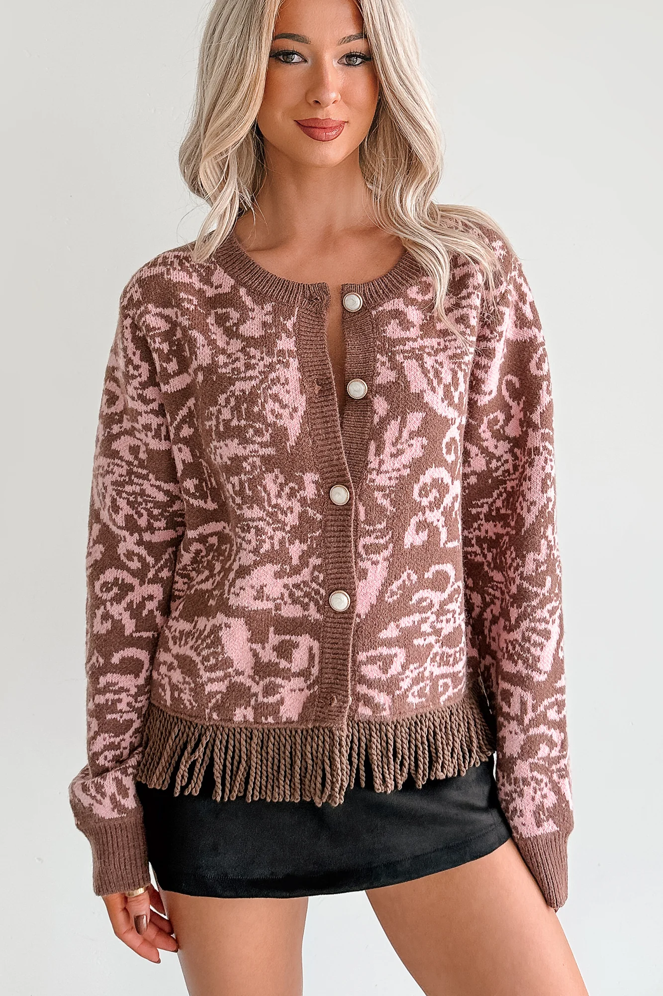All I Really Want Floral Print Fringe Hem Cardigan (Mocha/Pink) - Image 4