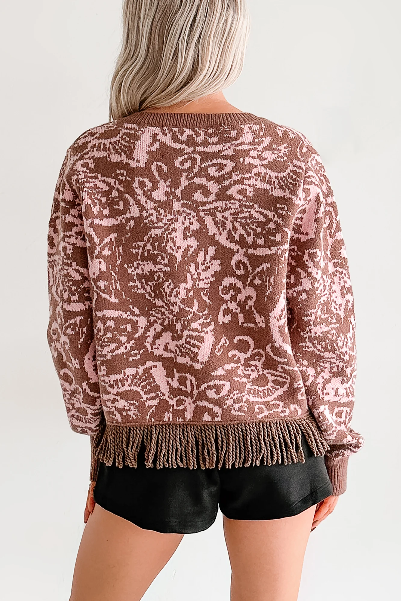 All I Really Want Floral Print Fringe Hem Cardigan (Mocha/Pink) - Image 5