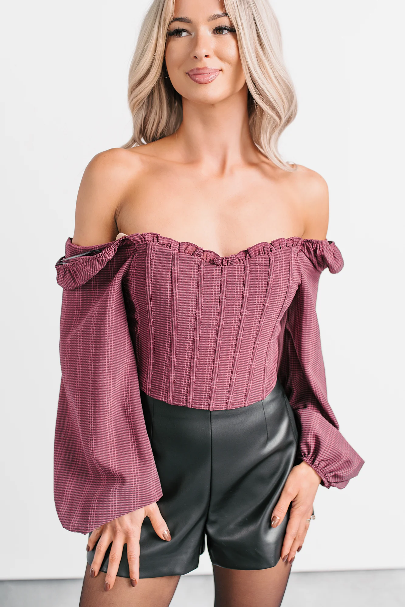 All Of My Love Corset Style Long Sleeve Top (Burgundy) - Image 2