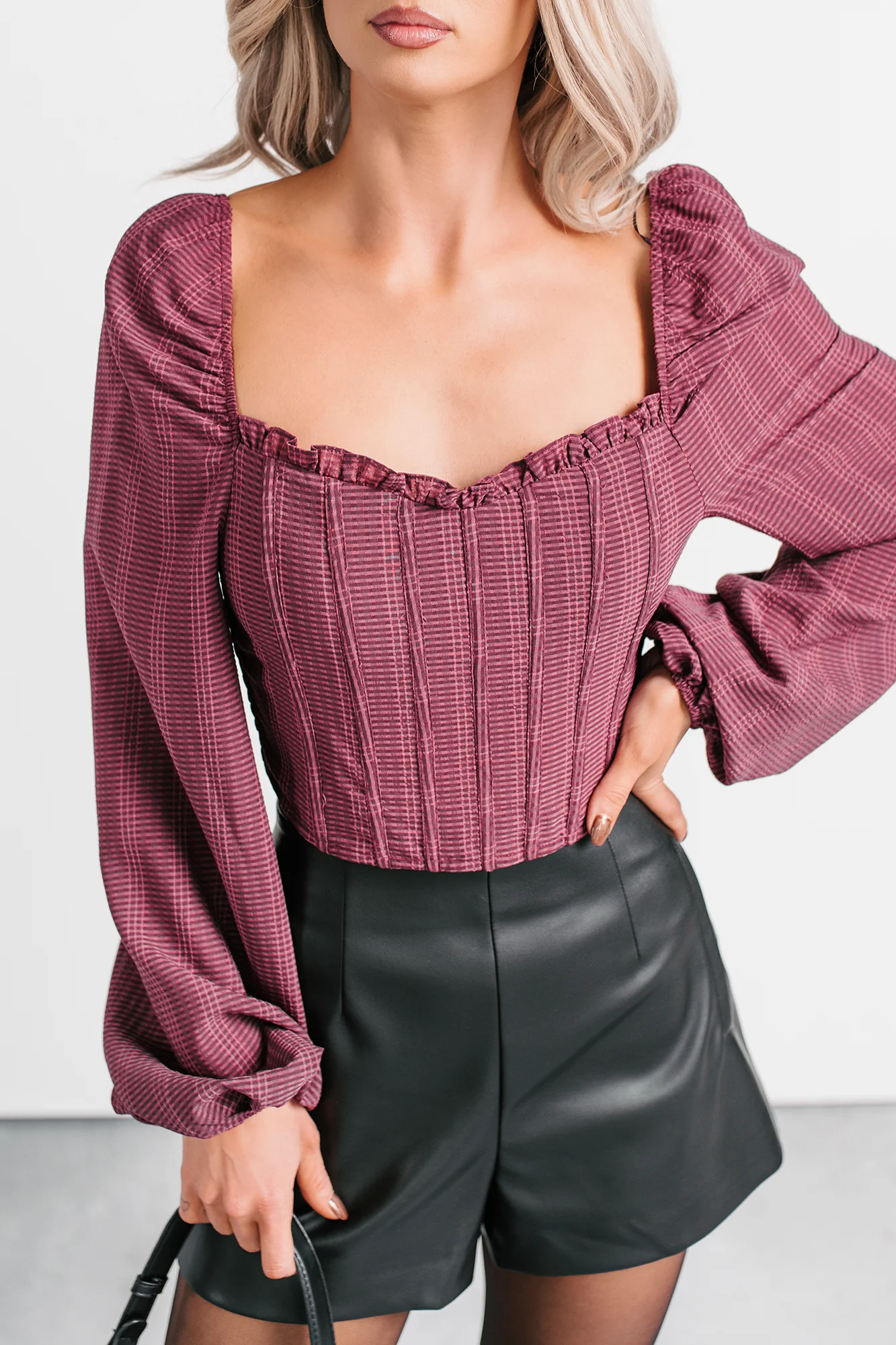 All Of My Love Corset Style Long Sleeve Top (Burgundy) - Image 3