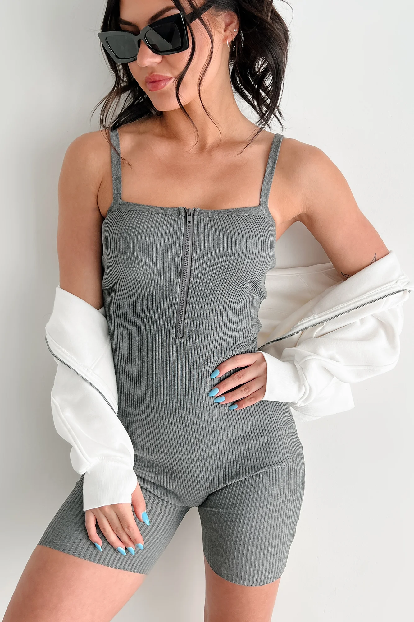 All Will Be Well Sleeveless Bodycon Romper (Grey) - Image 5