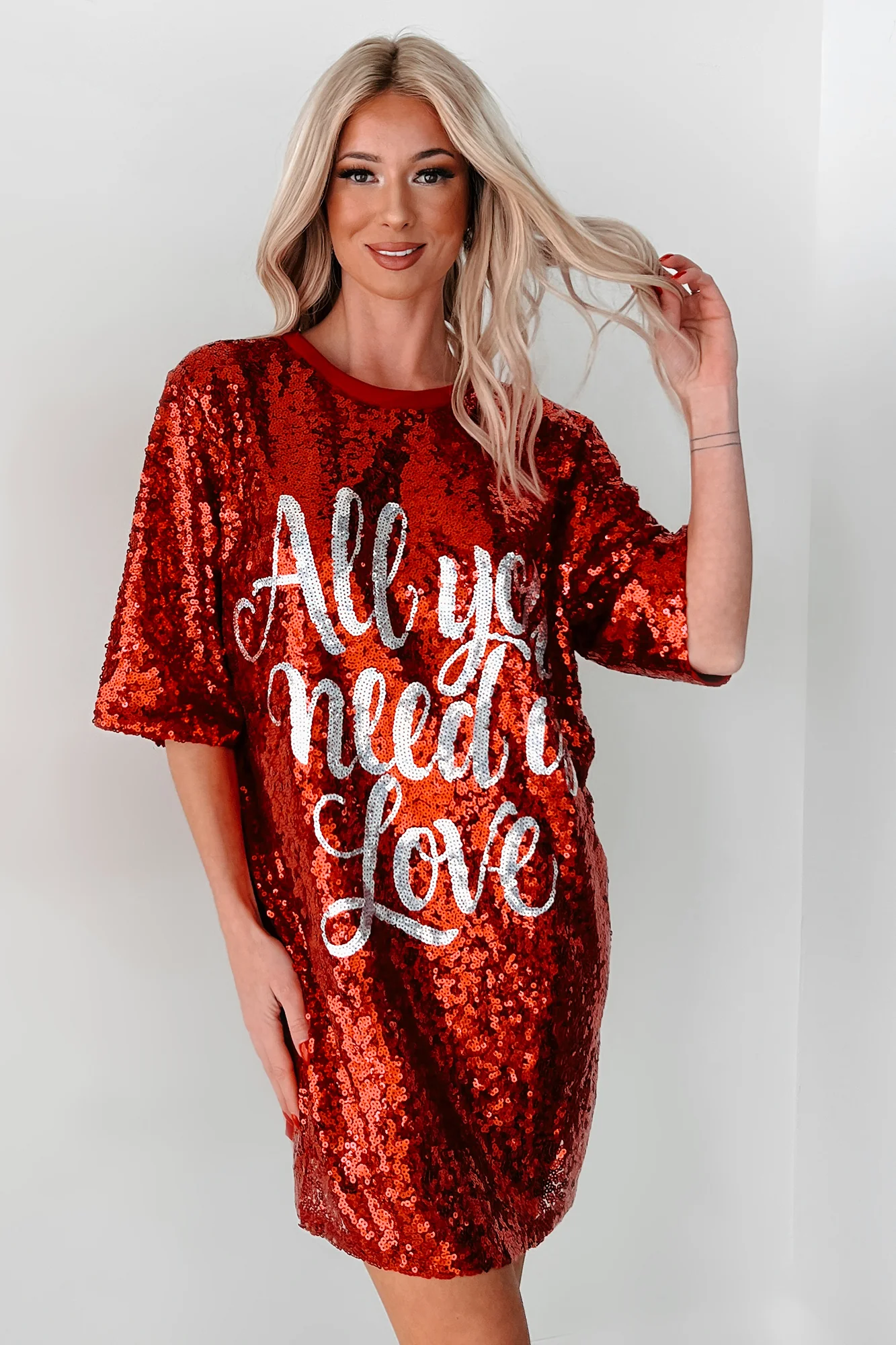 "All You Need Is Love" Sequin Mini Dress (Red) - Image 8