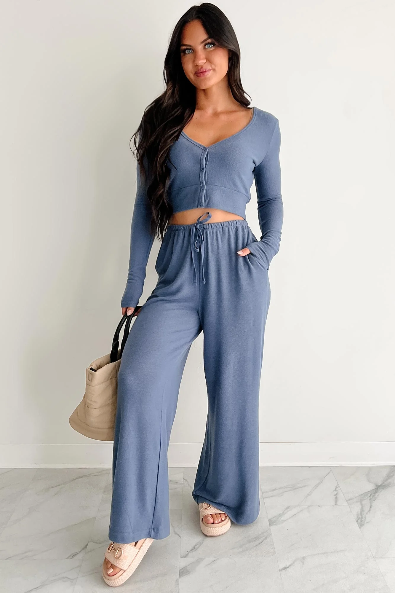All Your Love Button Detail Long Sleeve Top (Dusty Navy) - Image 5