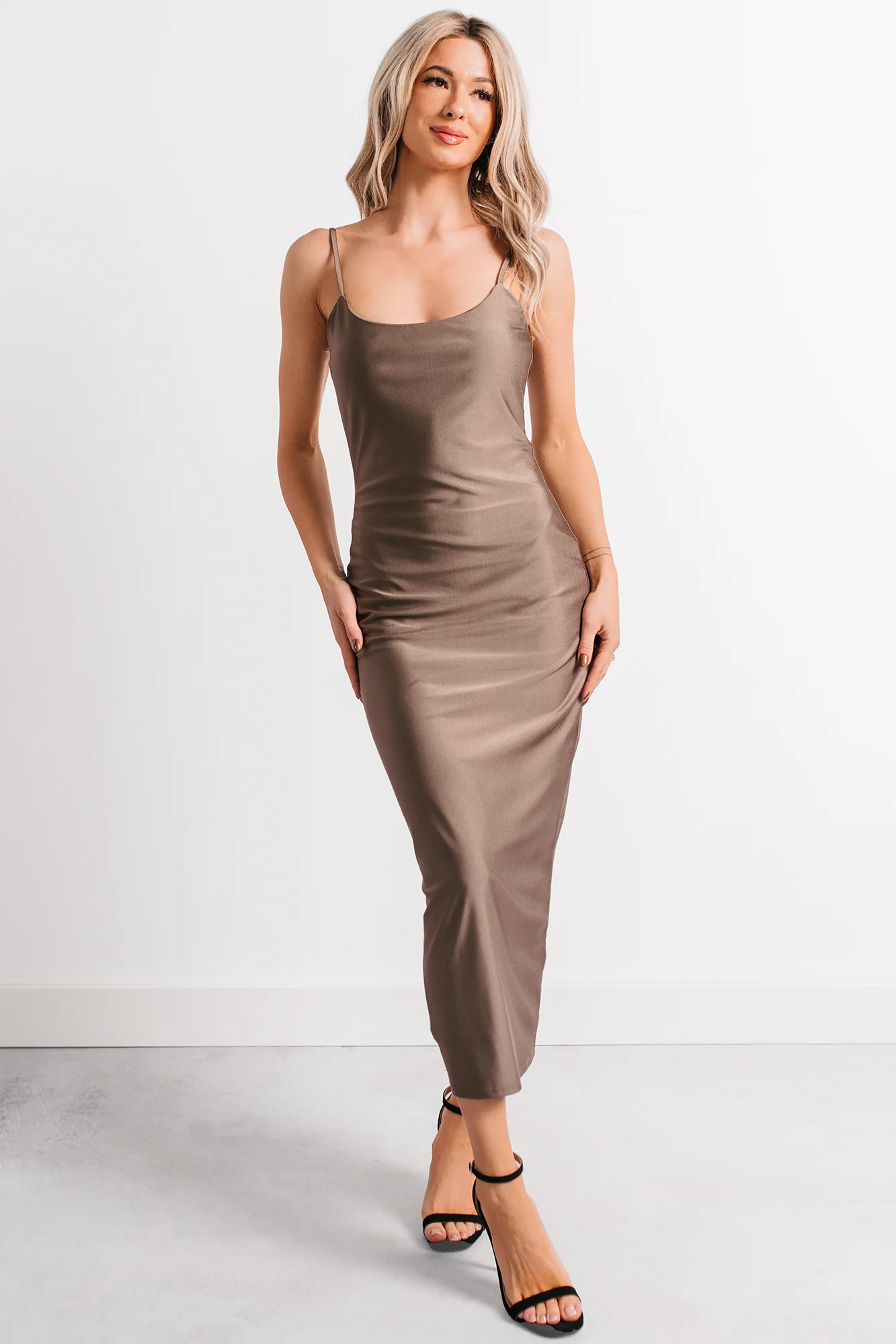 Almost Everyday Glossy Midi Dress (Taupe) - Image 5