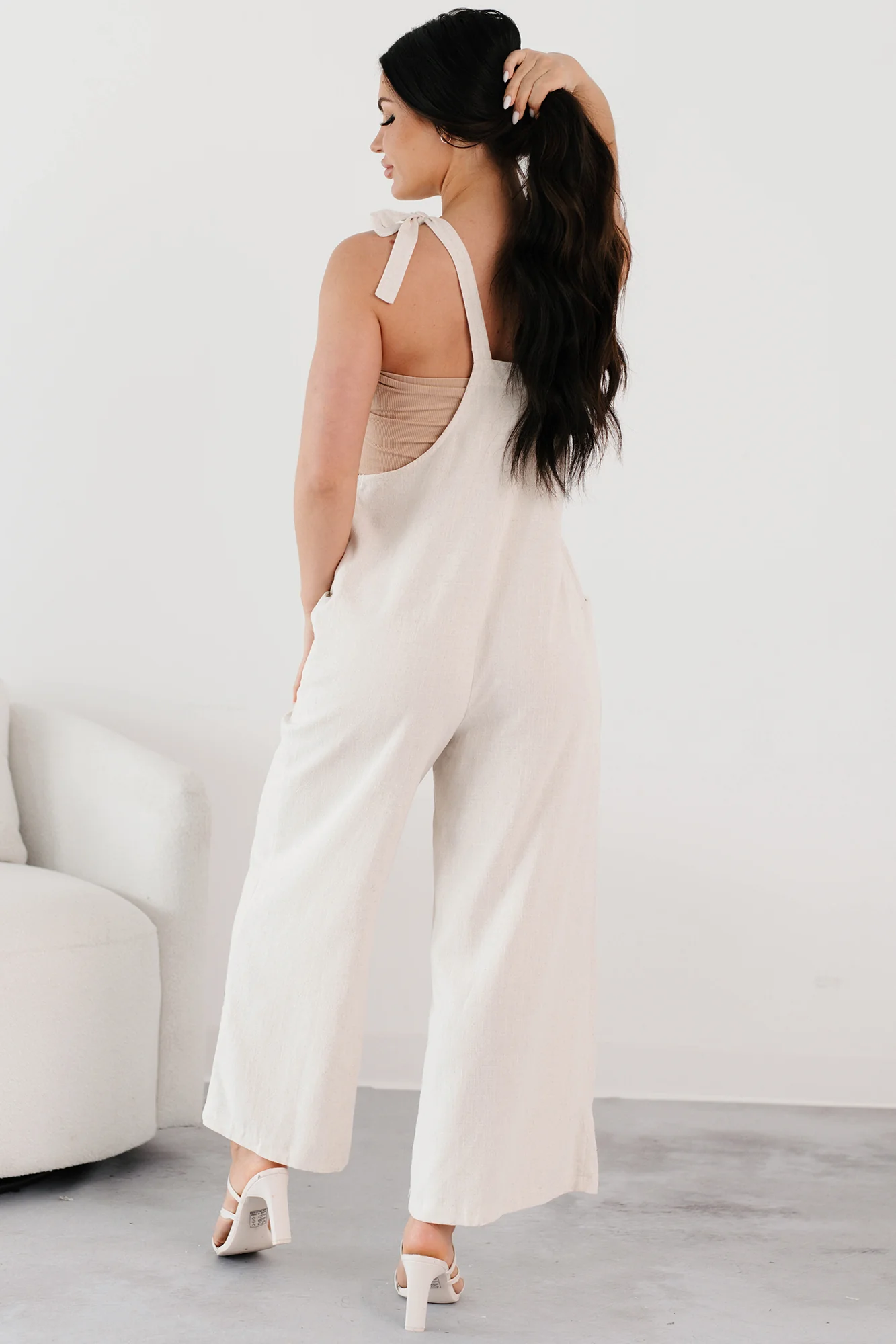 Alone At Last Tie Strap Linen Jumpsuit (Oatmeal) - Image 3