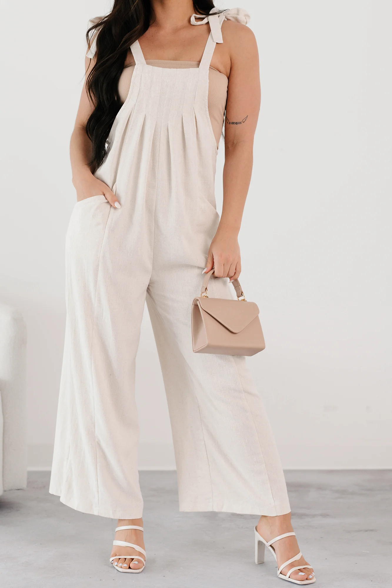 Alone At Last Tie Strap Linen Jumpsuit (Oatmeal) - Image 4