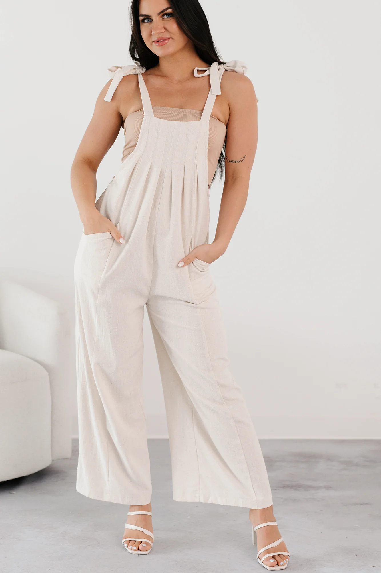 Alone At Last Tie Strap Linen Jumpsuit (Oatmeal) - Image 7