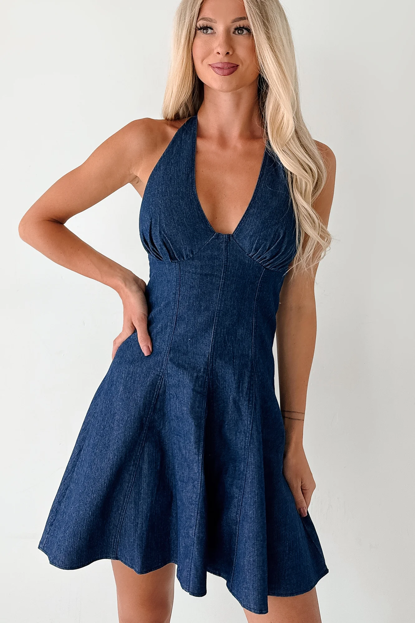 Already Iconic Halter Denim Mini Dress (Dark Blue) - Image 11