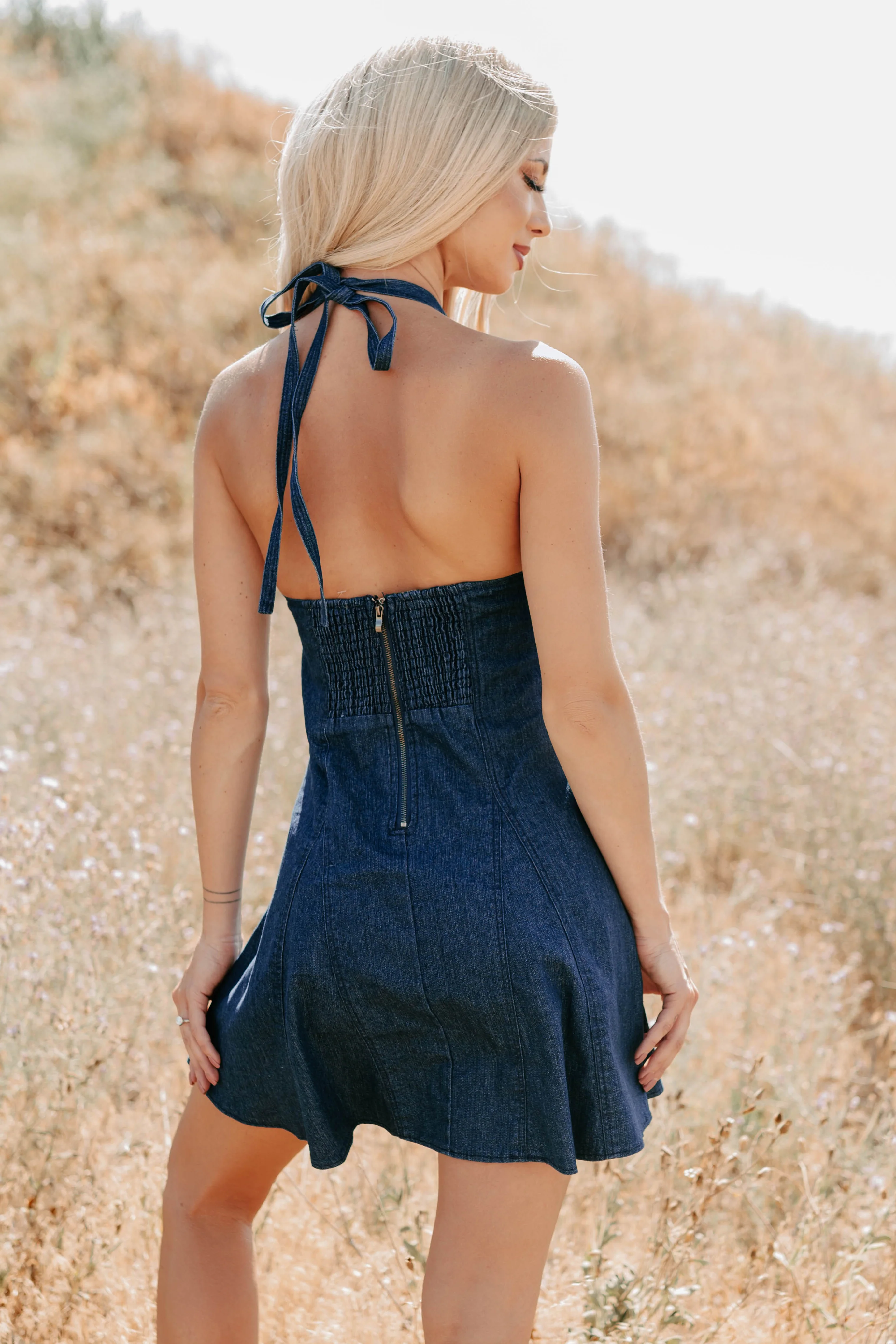 Already Iconic Halter Denim Mini Dress (Dark Blue) - Image 2