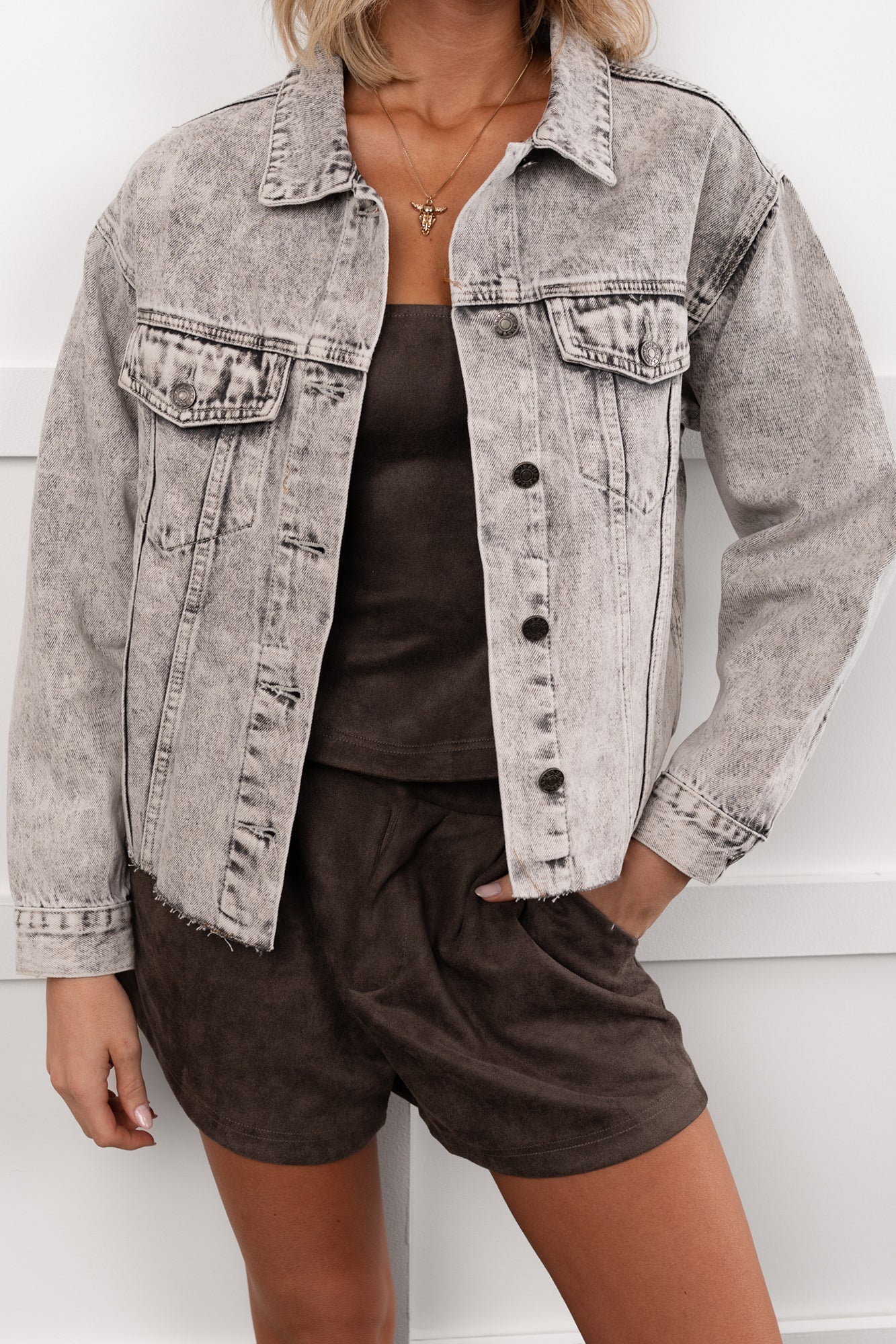 Always Enough Acid Wash Denim Jacket (Grey) - Image 6