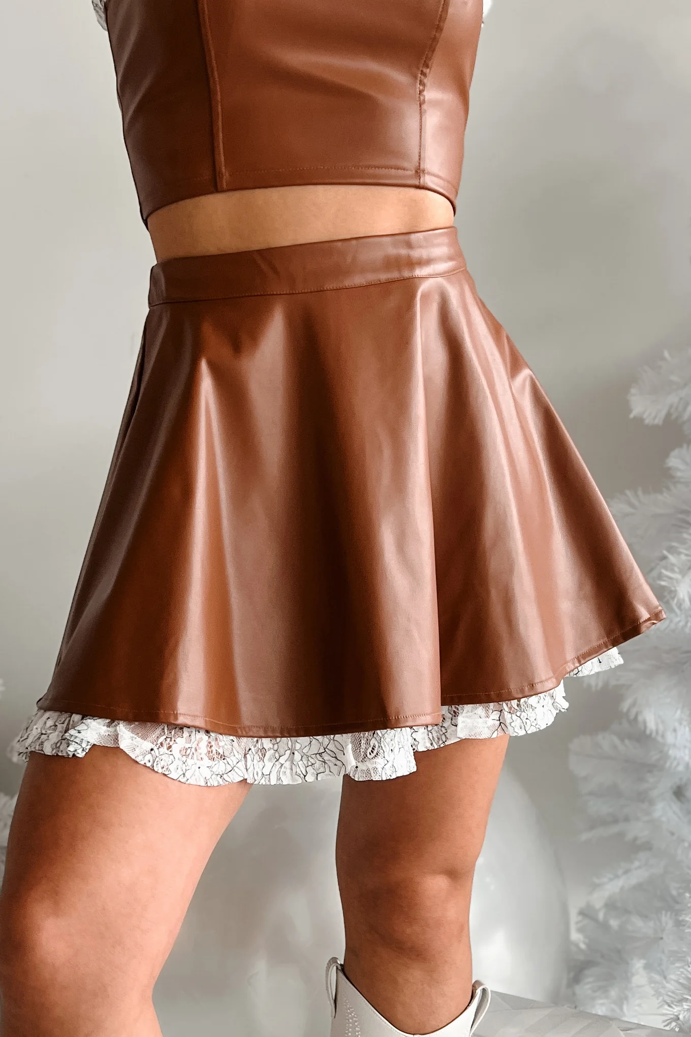 DOORBUSTER Always Flirty Ruffle Lace Faux Leather Skirt (Brown) - Image 3