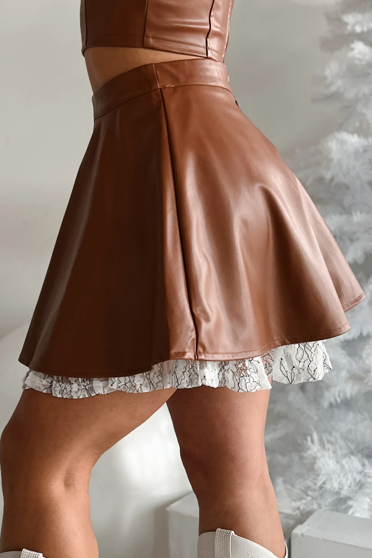 DOORBUSTER Always Flirty Ruffle Lace Faux Leather Skirt (Brown) - Image 4