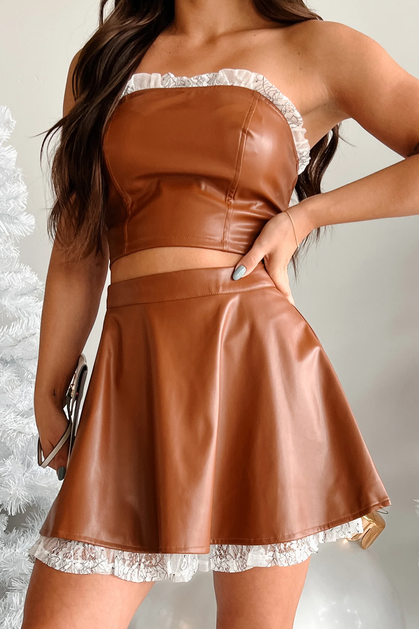 DOORBUSTER Always Flirty Ruffle Lace Faux Leather Skirt (Brown) - Image 5