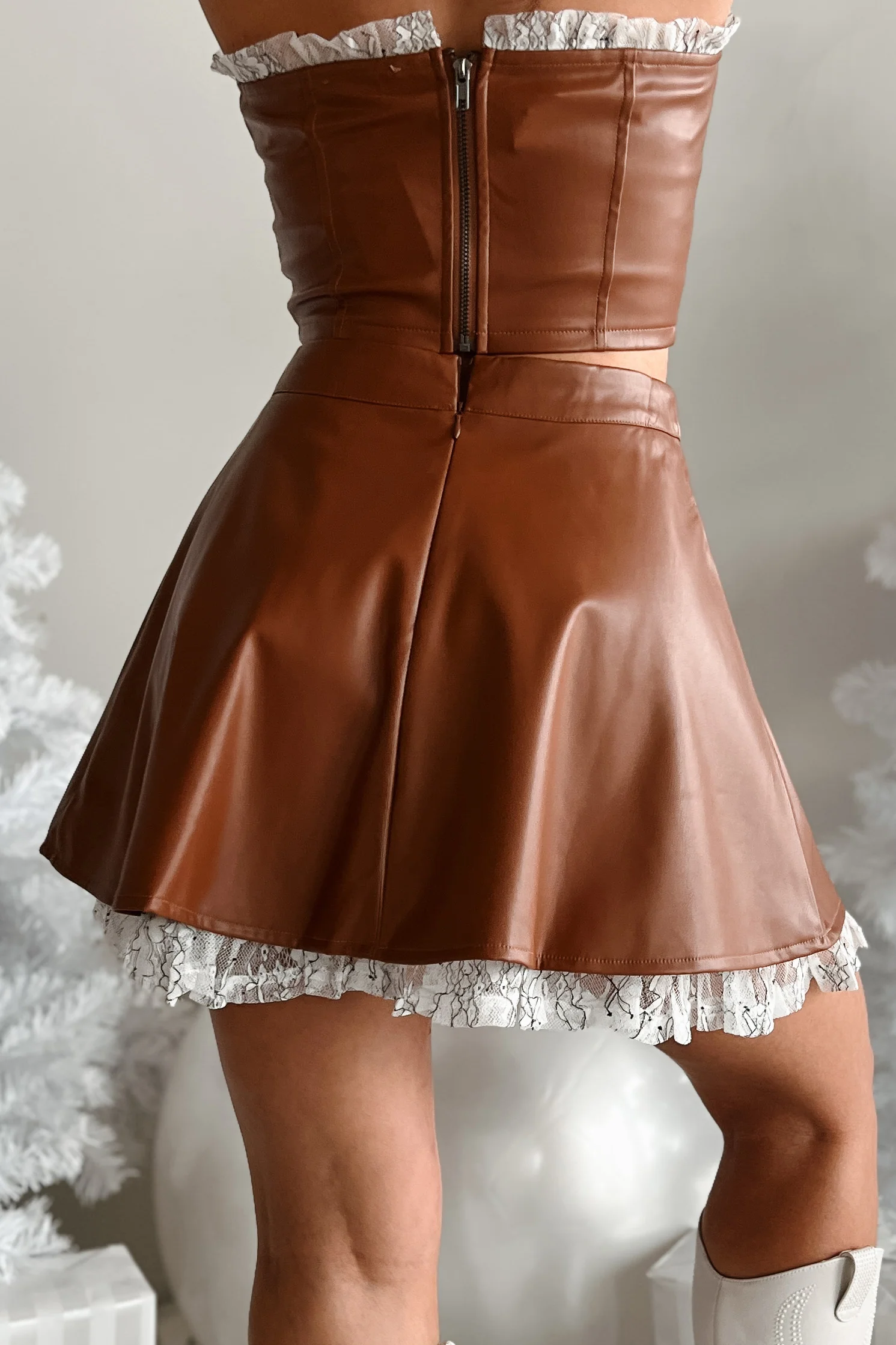 DOORBUSTER Always Flirty Ruffle Lace Faux Leather Skirt (Brown) - Image 6