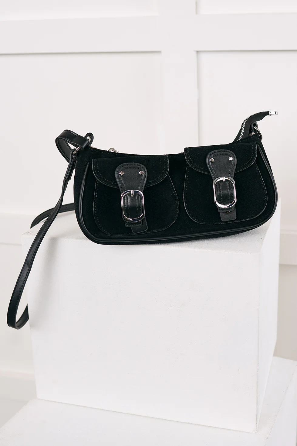 Always On Top Faux Suede Buckle Bag (Black) - Image 3