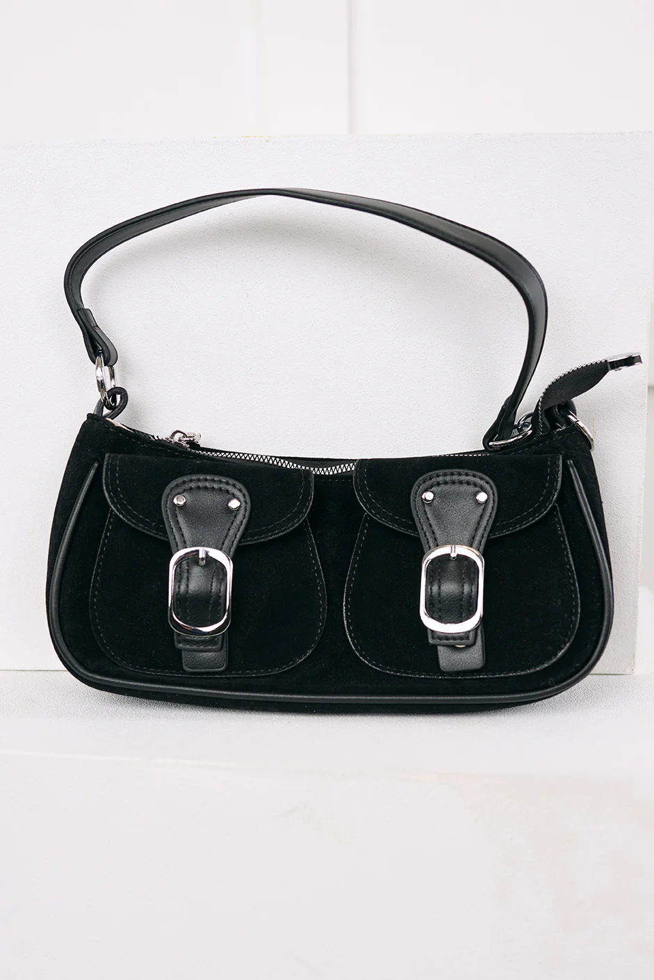 Always On Top Faux Suede Buckle Bag (Black) - Image 4