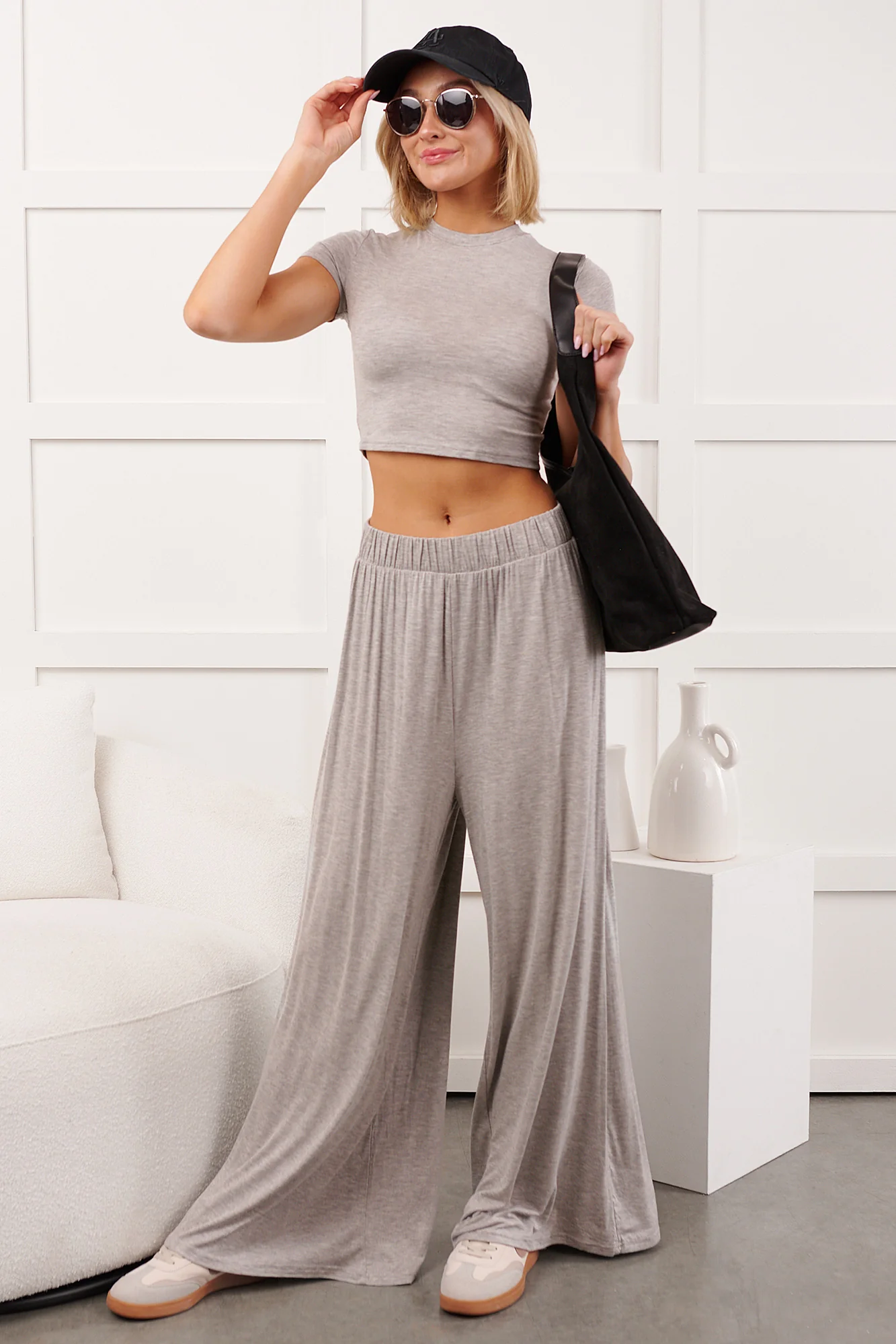 Always True Crop Top Wide Leg Pants Set (Heather Grey) - Image 3