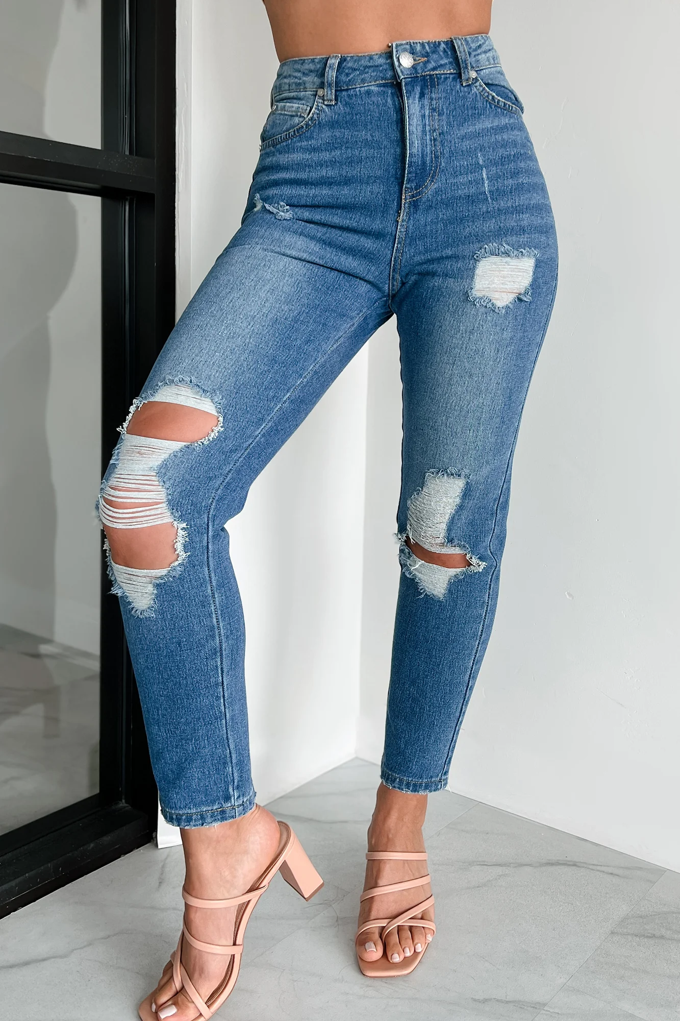 Ariah High Rise Distressed Mom Jeans (Medium Denim) - Image 5
