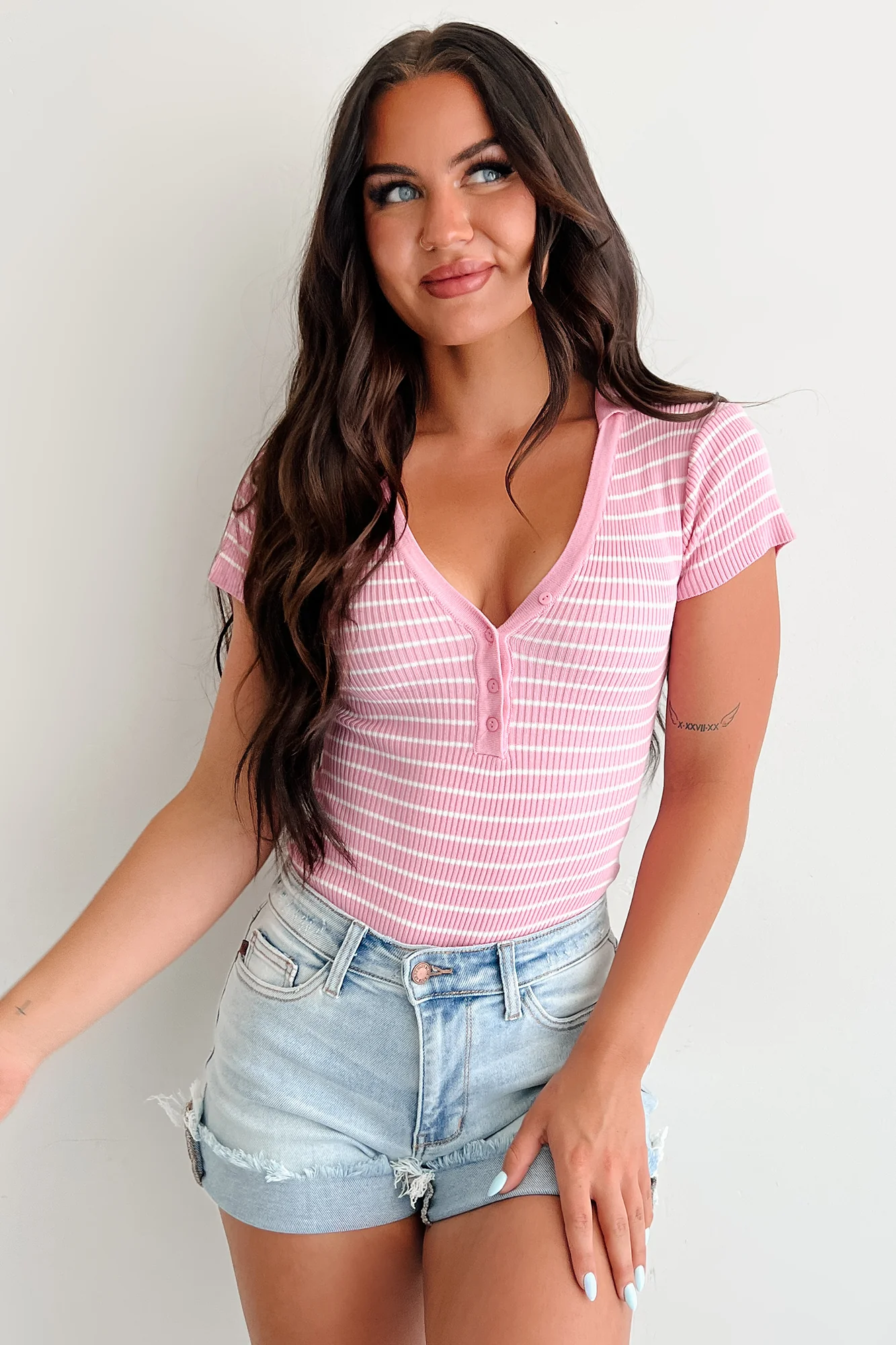 As It Was Striped Rib Knit Bodysuit (Pink) - Image 7