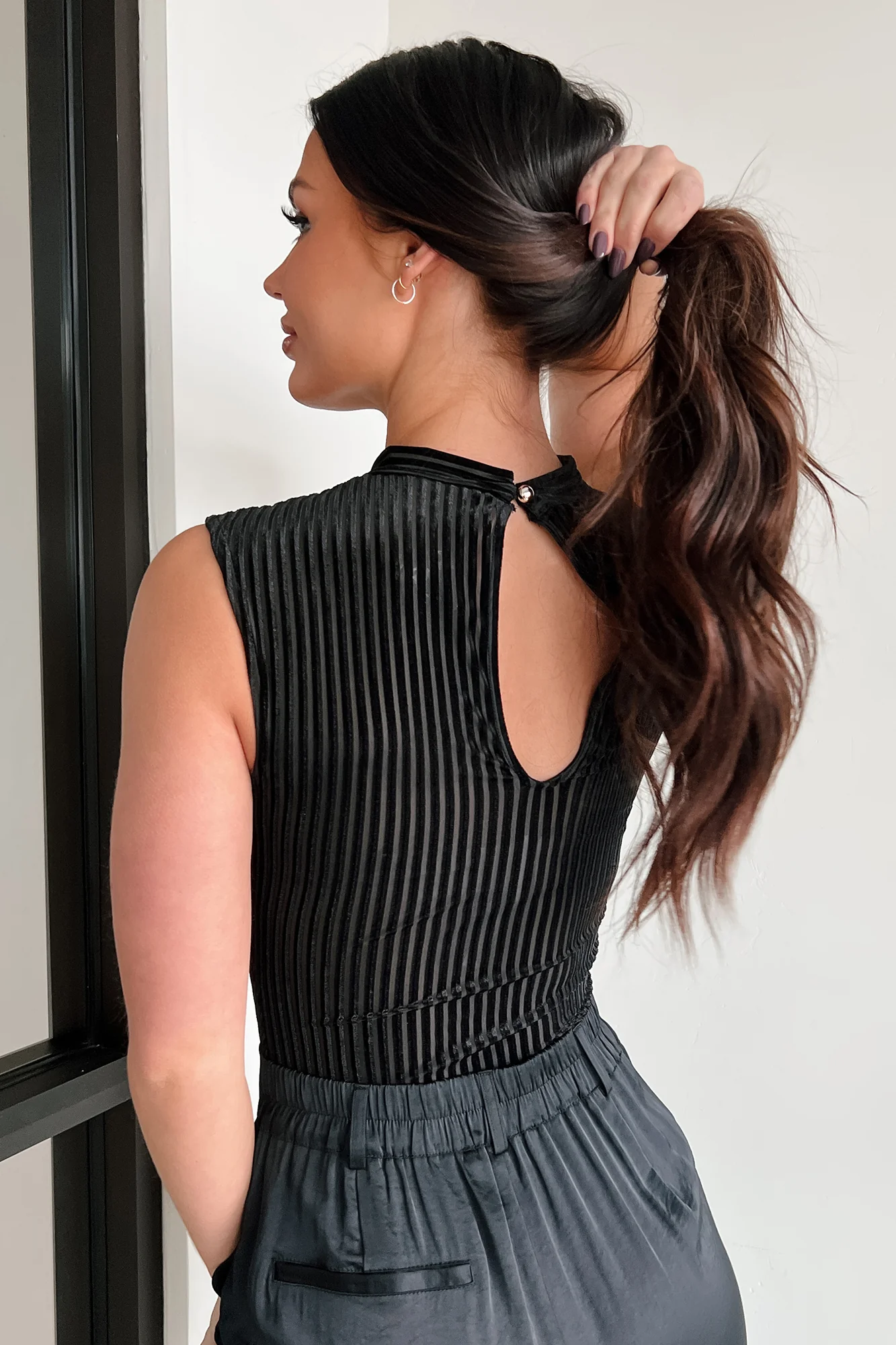 Ashari Velvet Stripe Cut-Out Bodysuit (Black) - Image 3