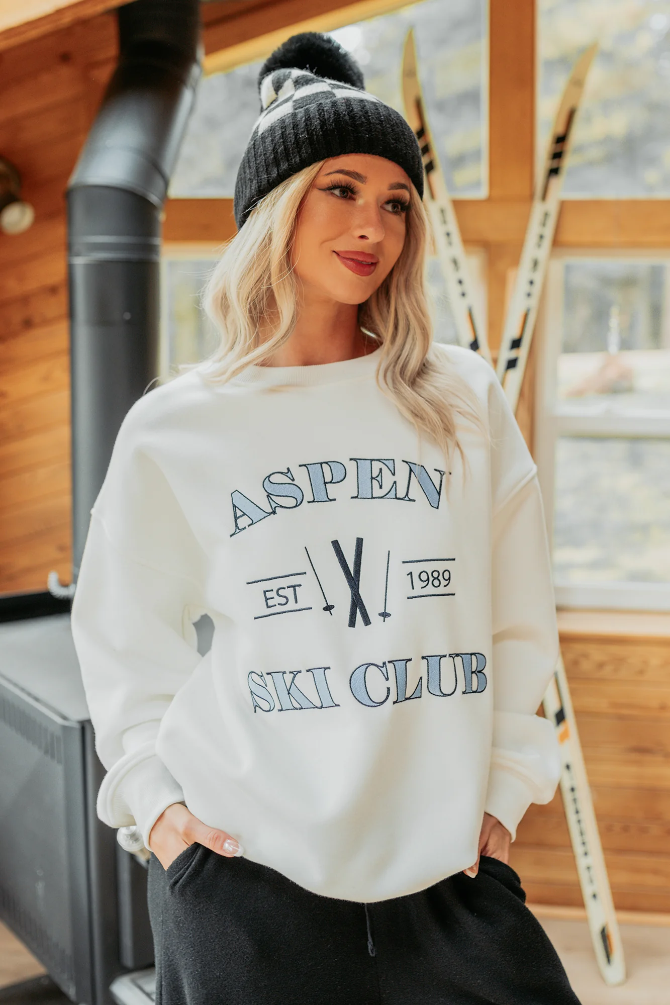 "Aspen Ski Club" Embroidered Sweatshirt (White) - Image 4