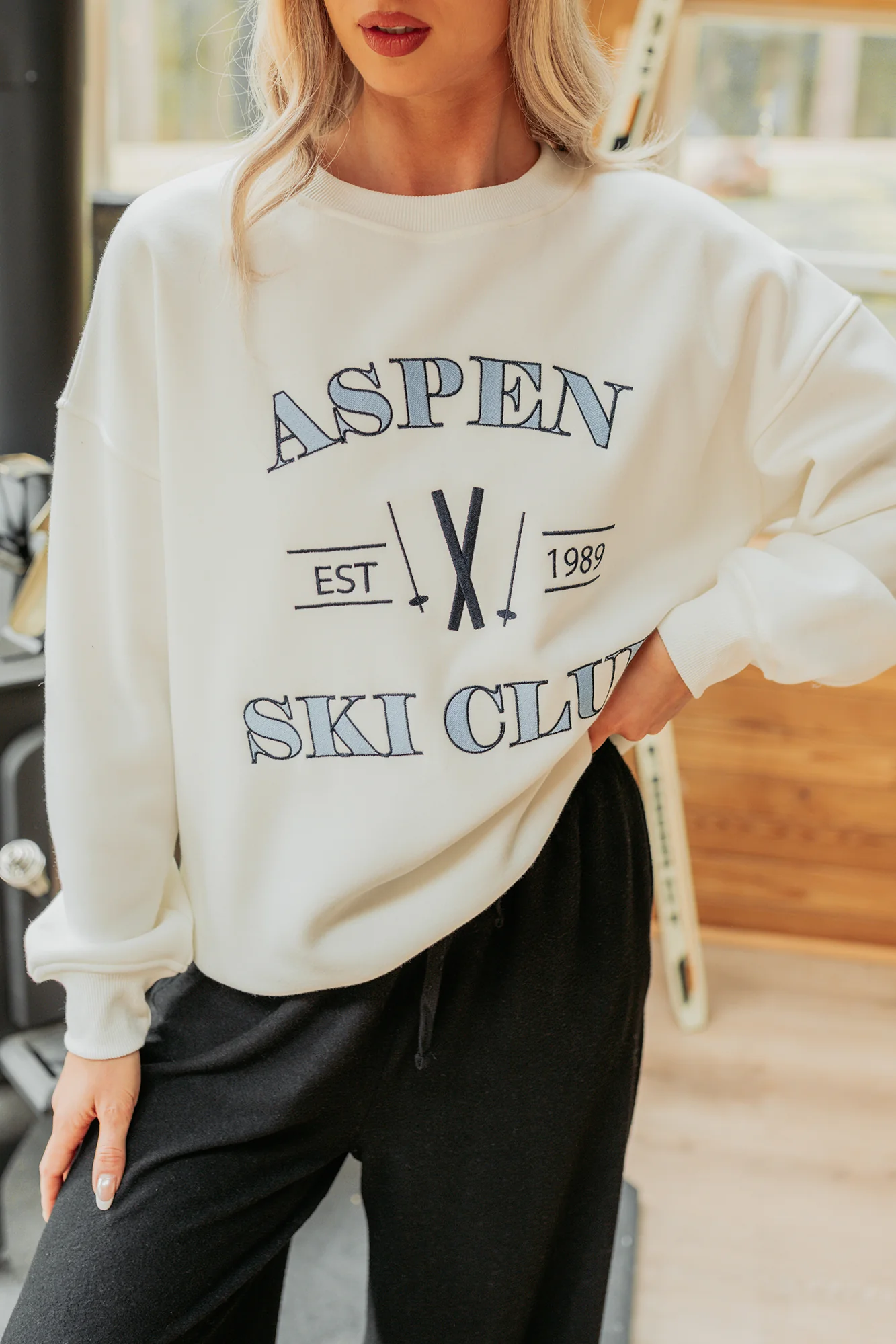 "Aspen Ski Club" Embroidered Sweatshirt (White) - Image 6