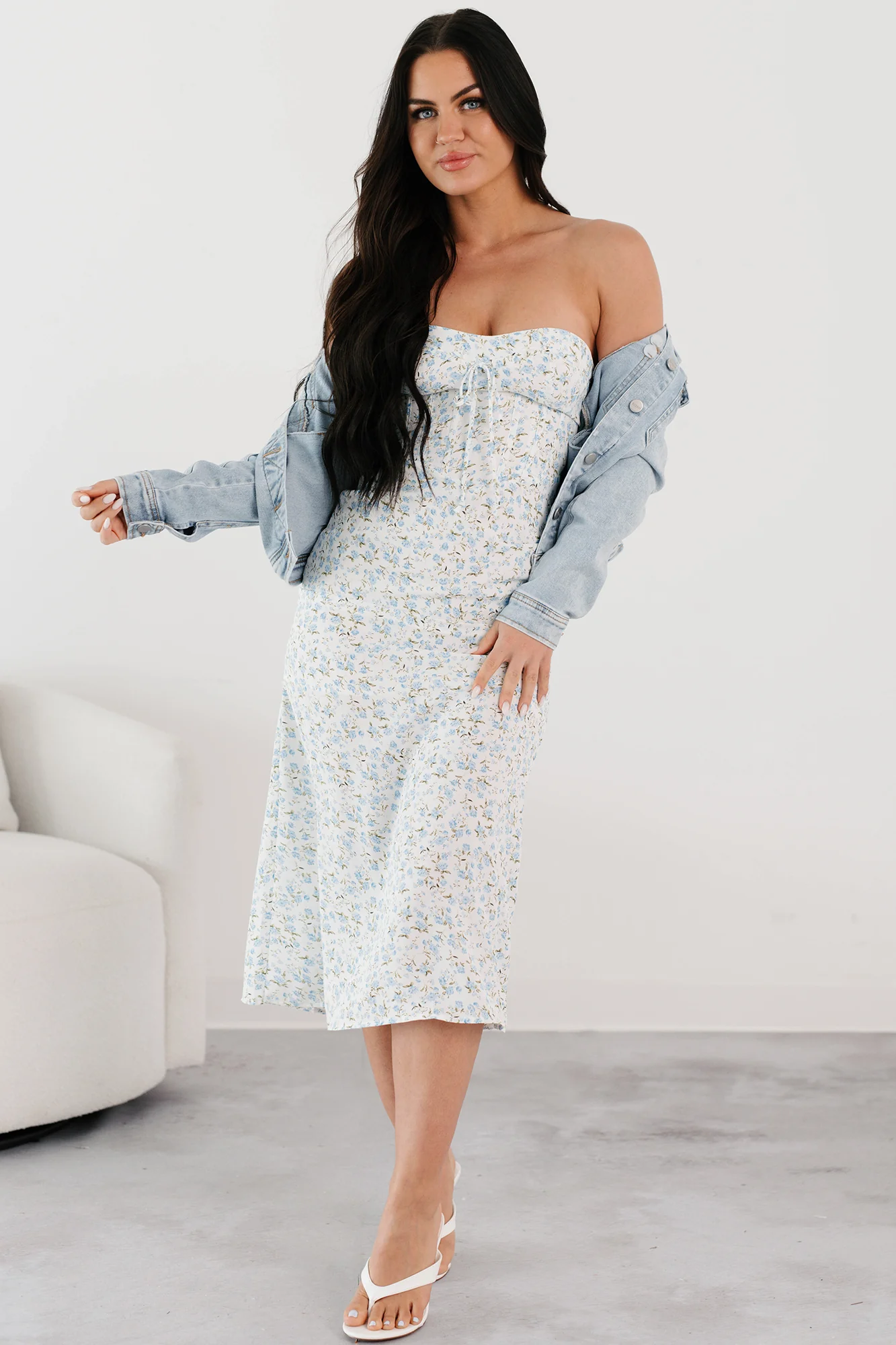 Authentically Me Strapless Floral Midi Dress (Blue) - Image 4