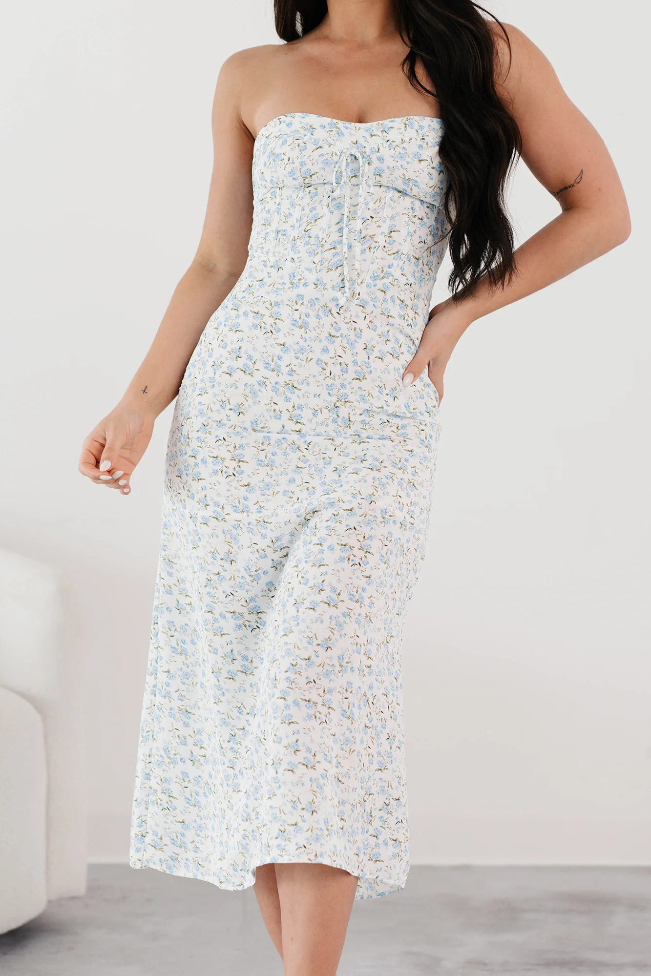 Authentically Me Strapless Floral Midi Dress (Blue) - Image 6