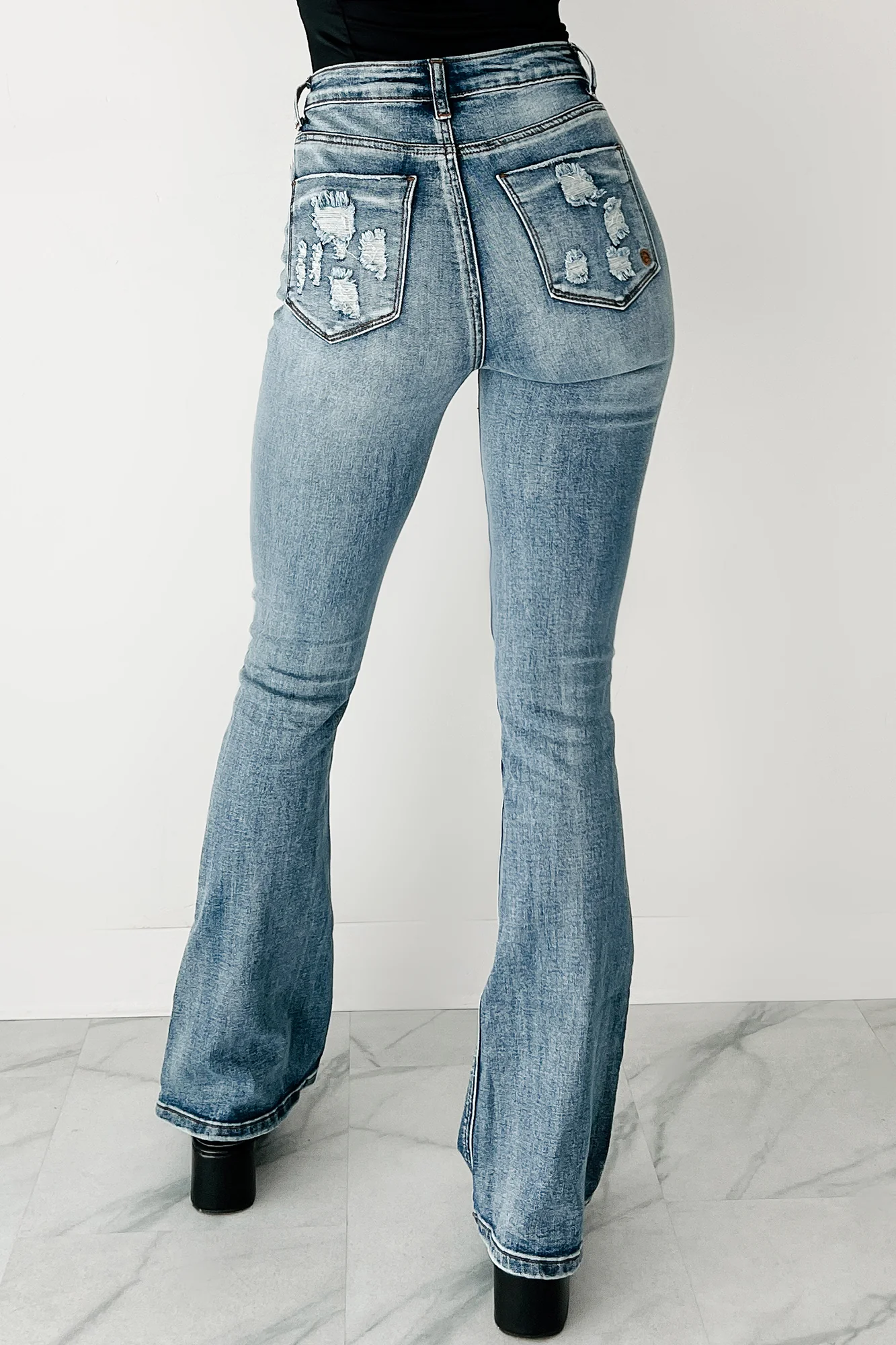 Aysha High Rise Distressed Indigo Reign Flare Jeans (Medium) - Image 8
